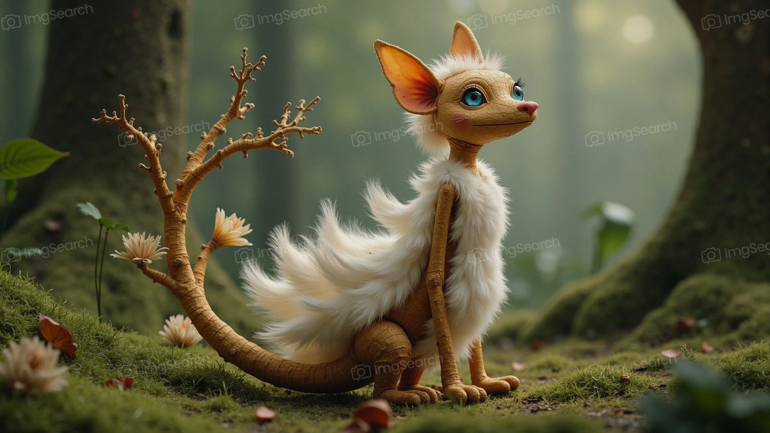 A charming fantasy creature with fluffy fur large ears in a forest setting.