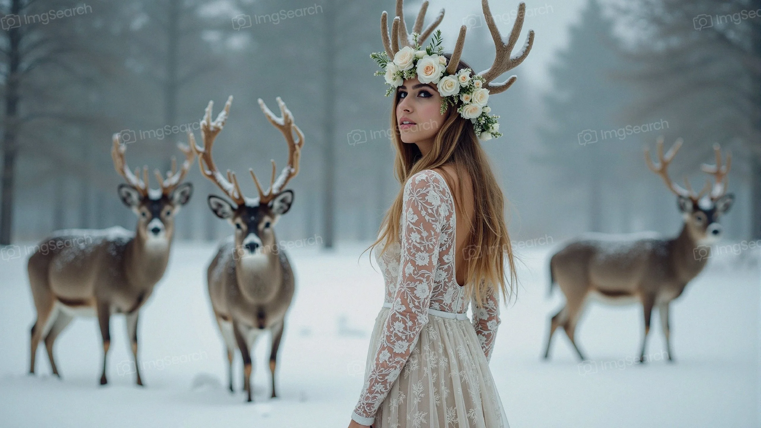 A young woman in a lace gown adorned with a floral antler crown stands in a snowy forest surrounded by deer.