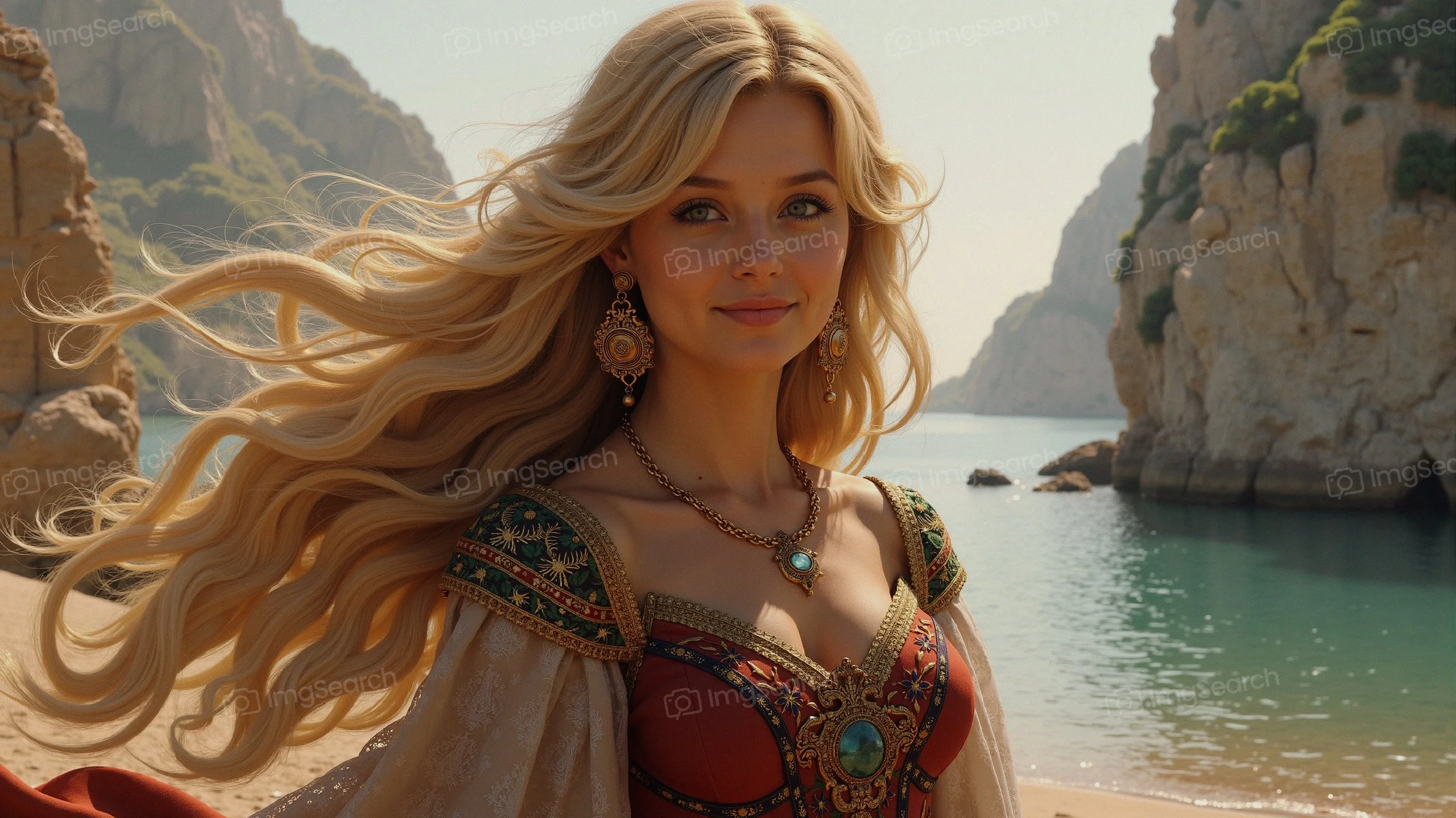 A beautiful woman in a colorful dress standing on a beach with flowing hair.