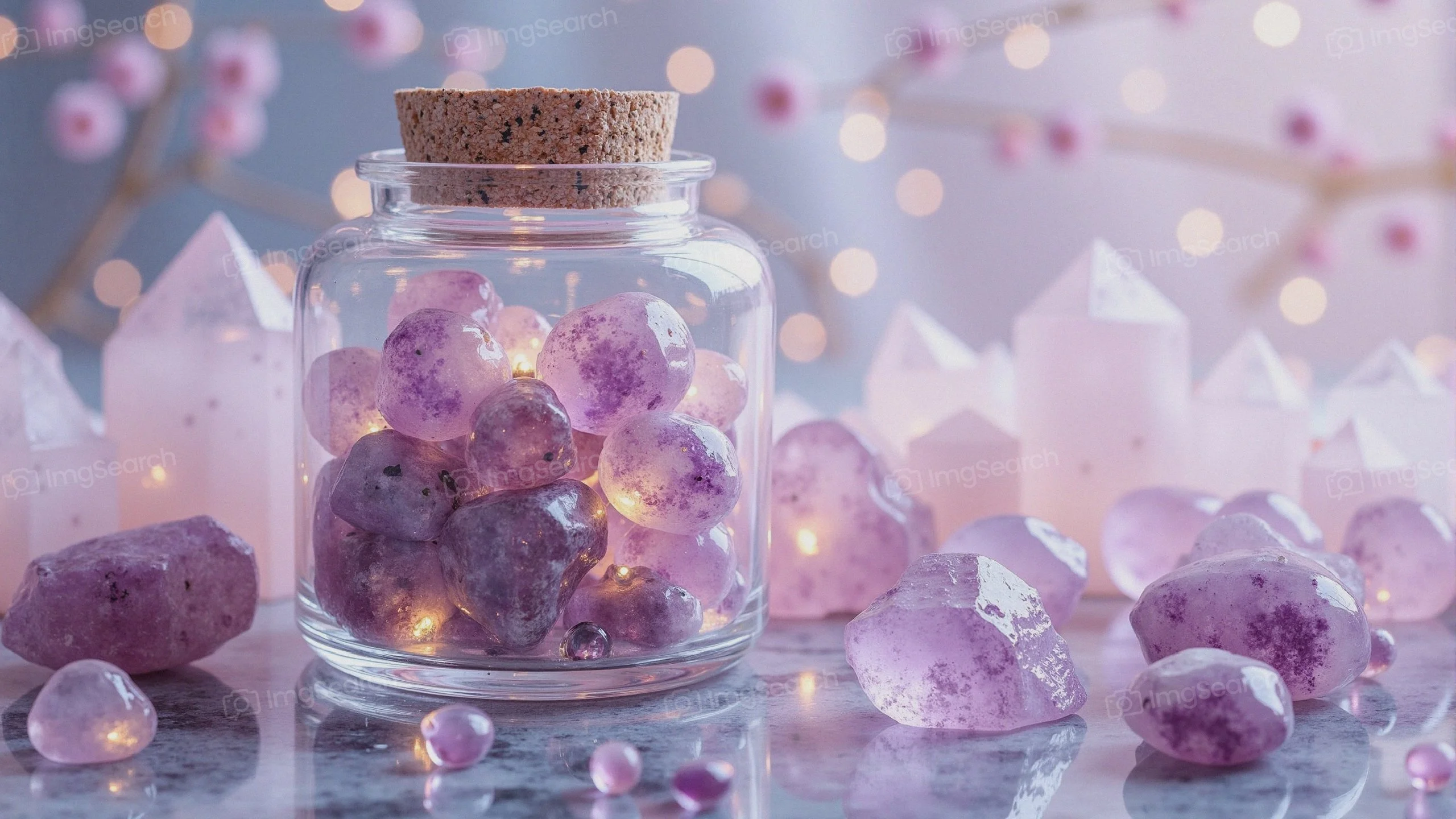 A glass jar filled with amethyst crystals fairy lights, surrounded by scattered stones soft blossoms.