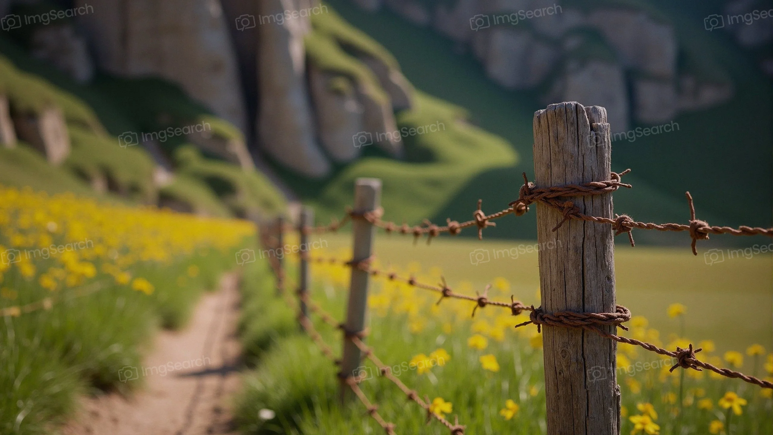 Wooden fence with barbed wire in a meadow filled with yellow flowers rocky cliffs in the background
