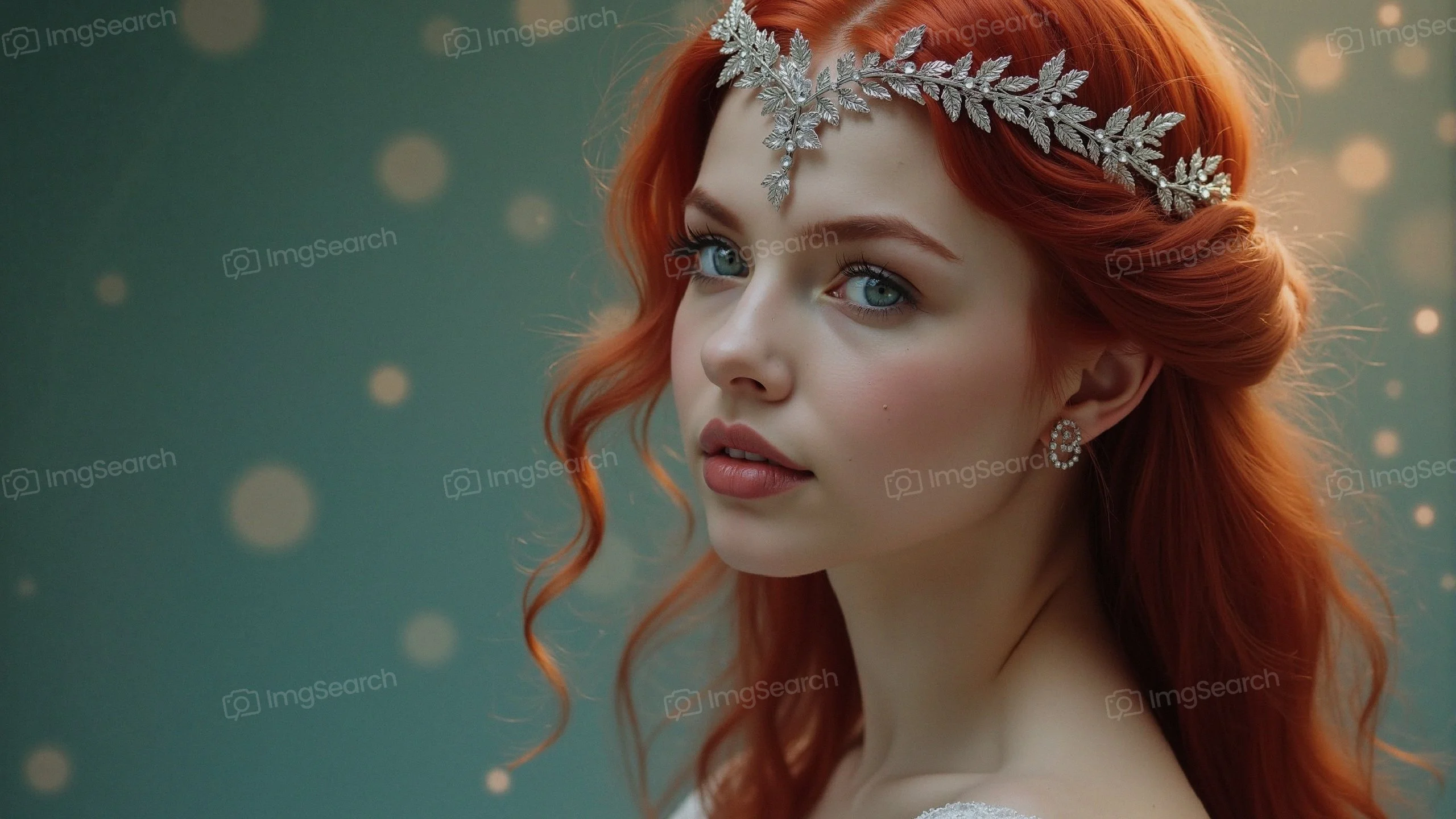 Close-up of a woman with red hair wearing a sparkling tiara