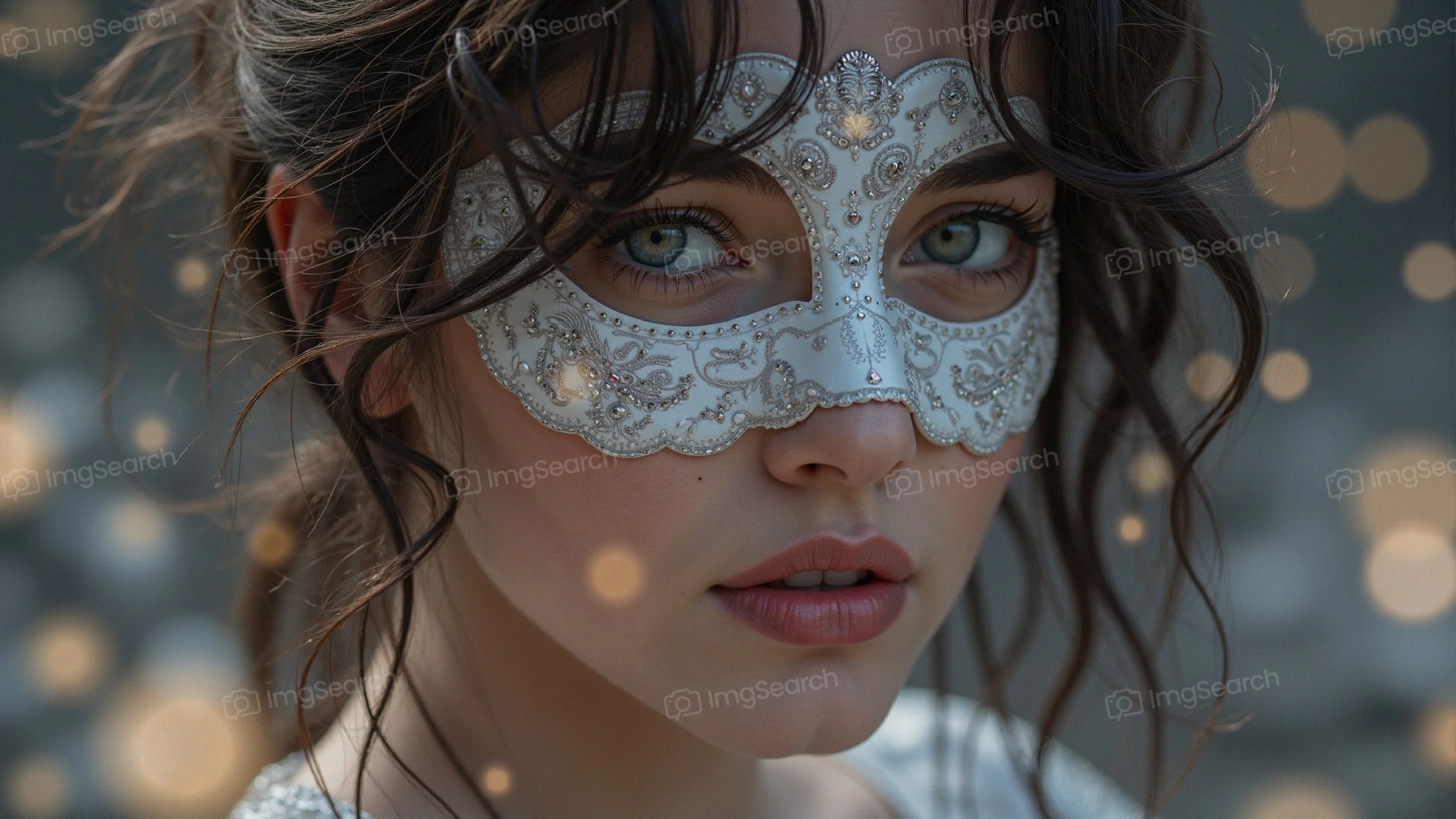 Close-up of a young woman in a decorative mask with sparkles in the background.