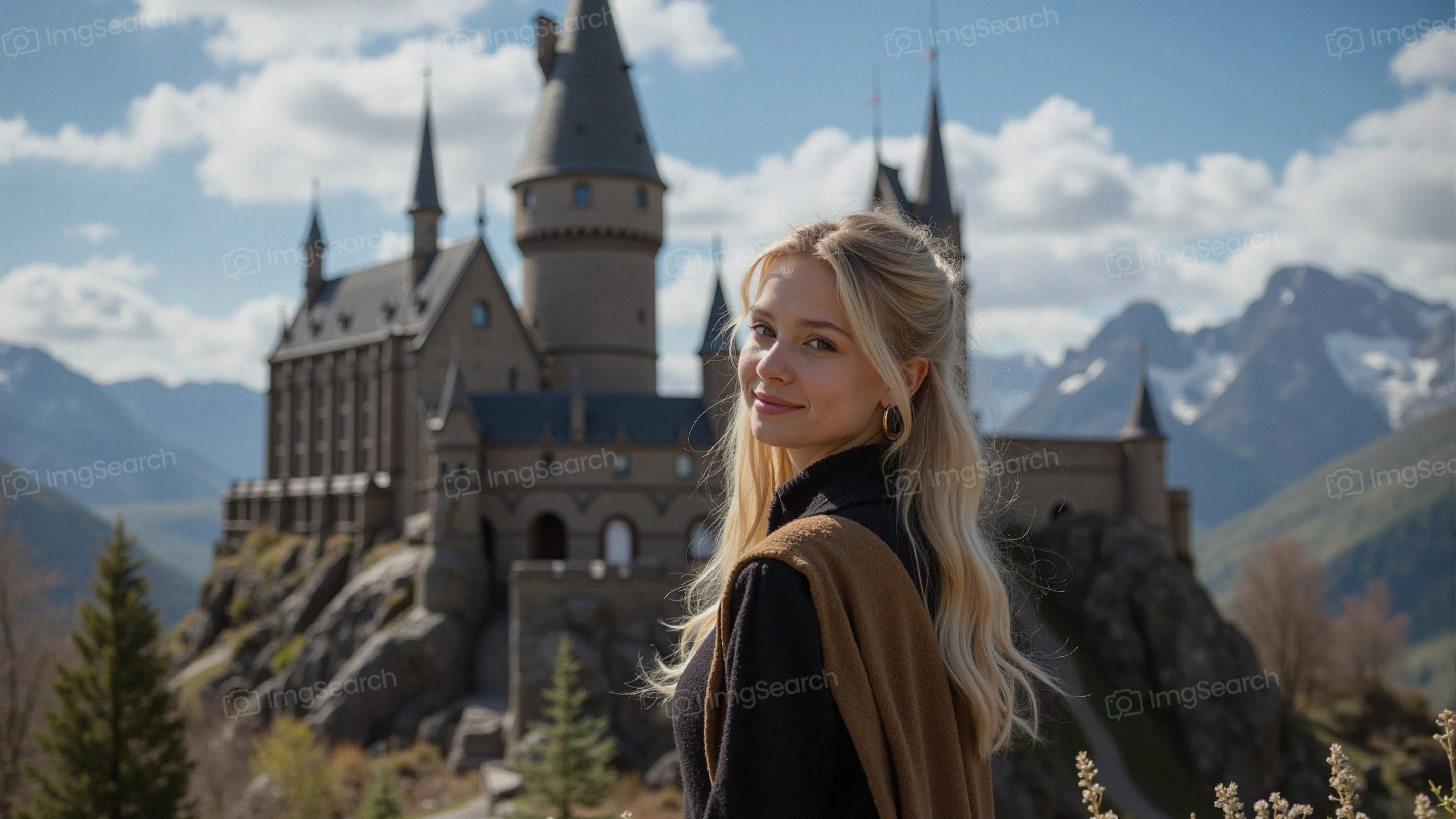 A young woman with blonde hair smiling in front of a beautiful castle amidst mountains trees.