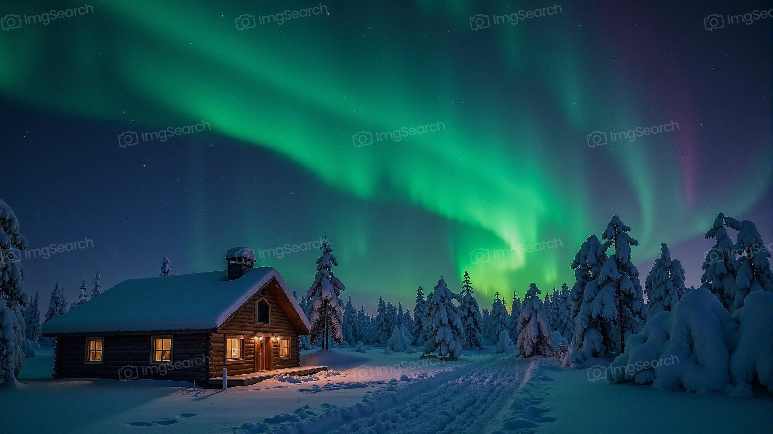 Wooden cabin at night with northern lights in the sky