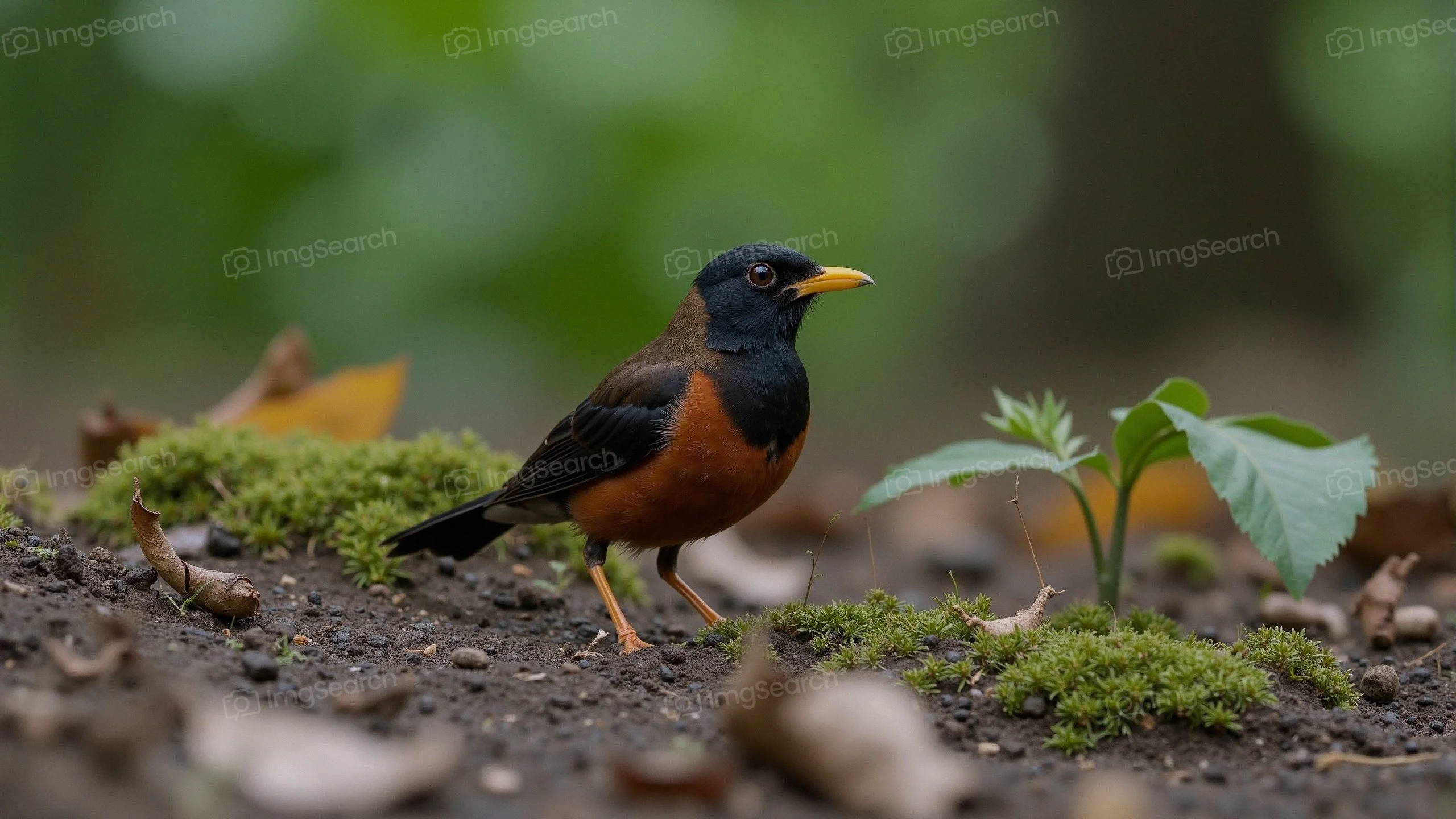 A colorful thrush with a black head brown body standing on the ground among green plants