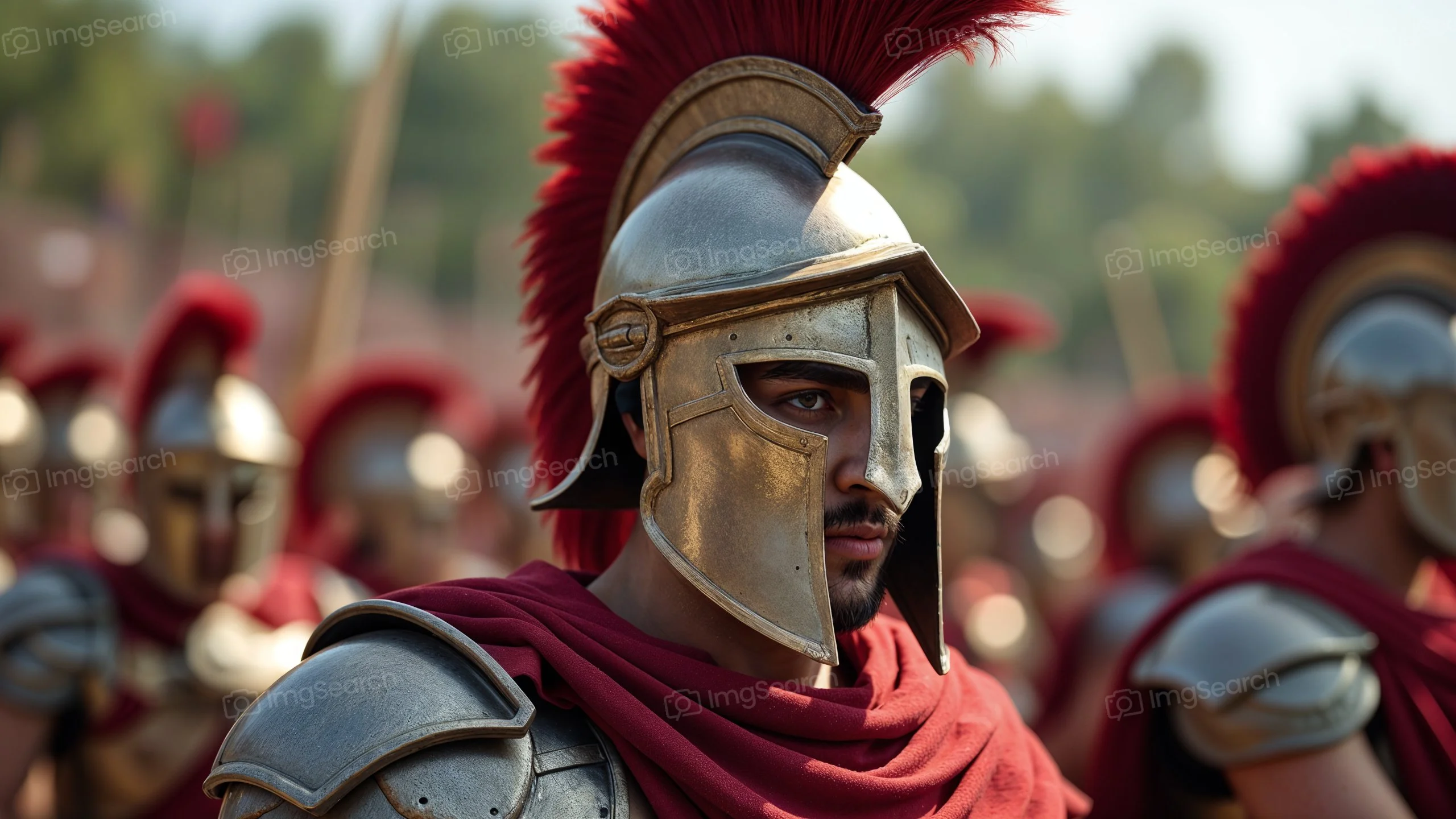 Close-up of a Spartan warrior wearing ornate armor and a red plume helmet