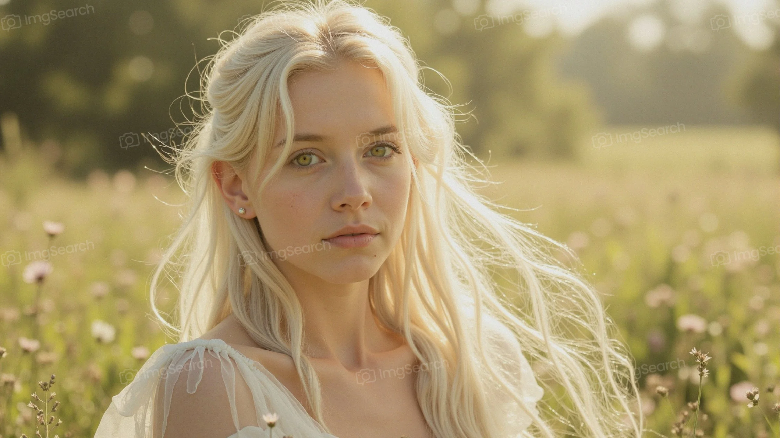 A young woman with blonde hair green eyes in a sunlit meadow