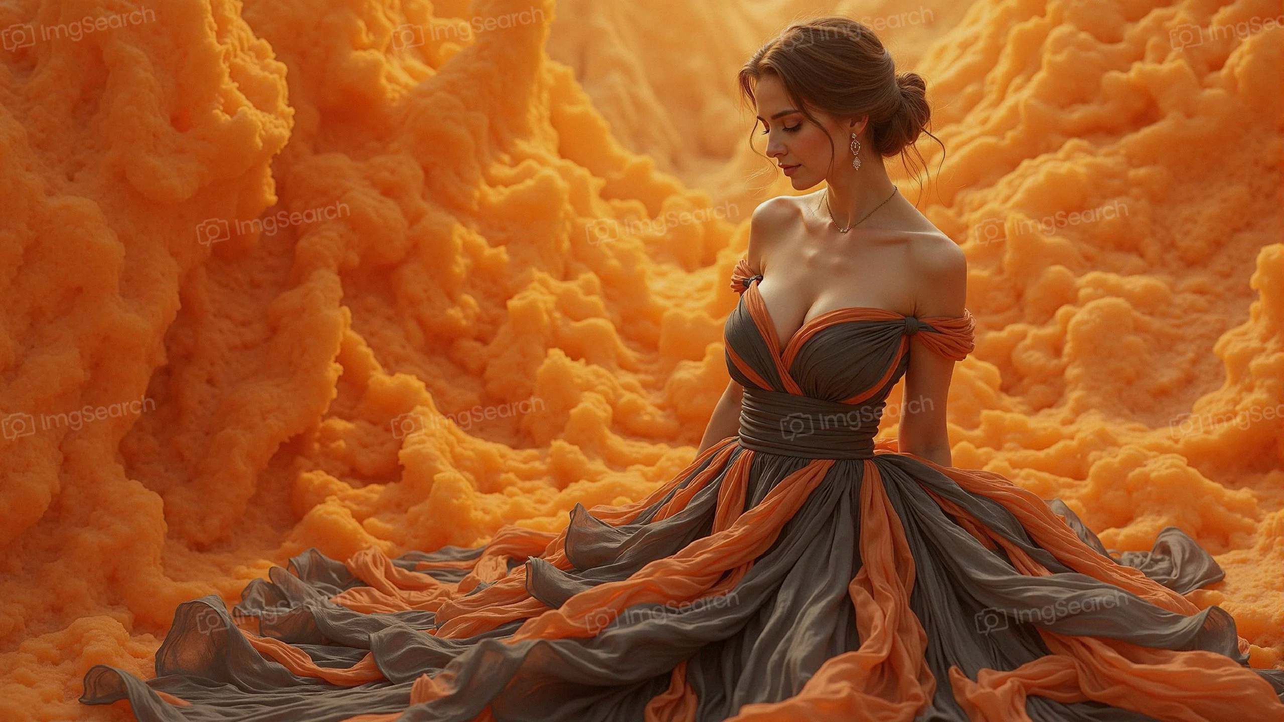 A woman in an elegant orange gray gown seated amidst flowing fabrics.
