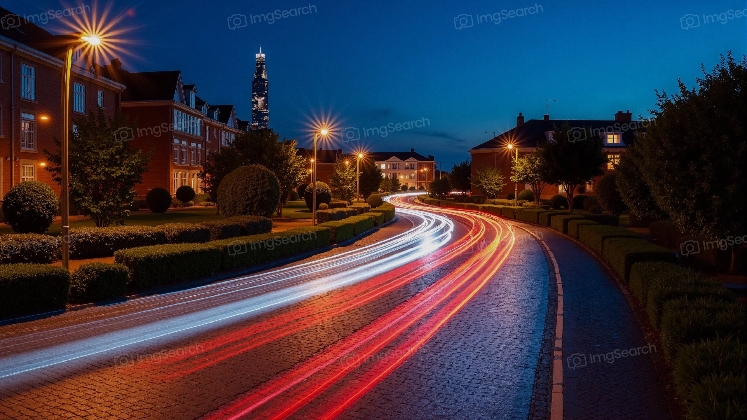 A residential street at dusk with light trails from moving cars illuminated streetlights
