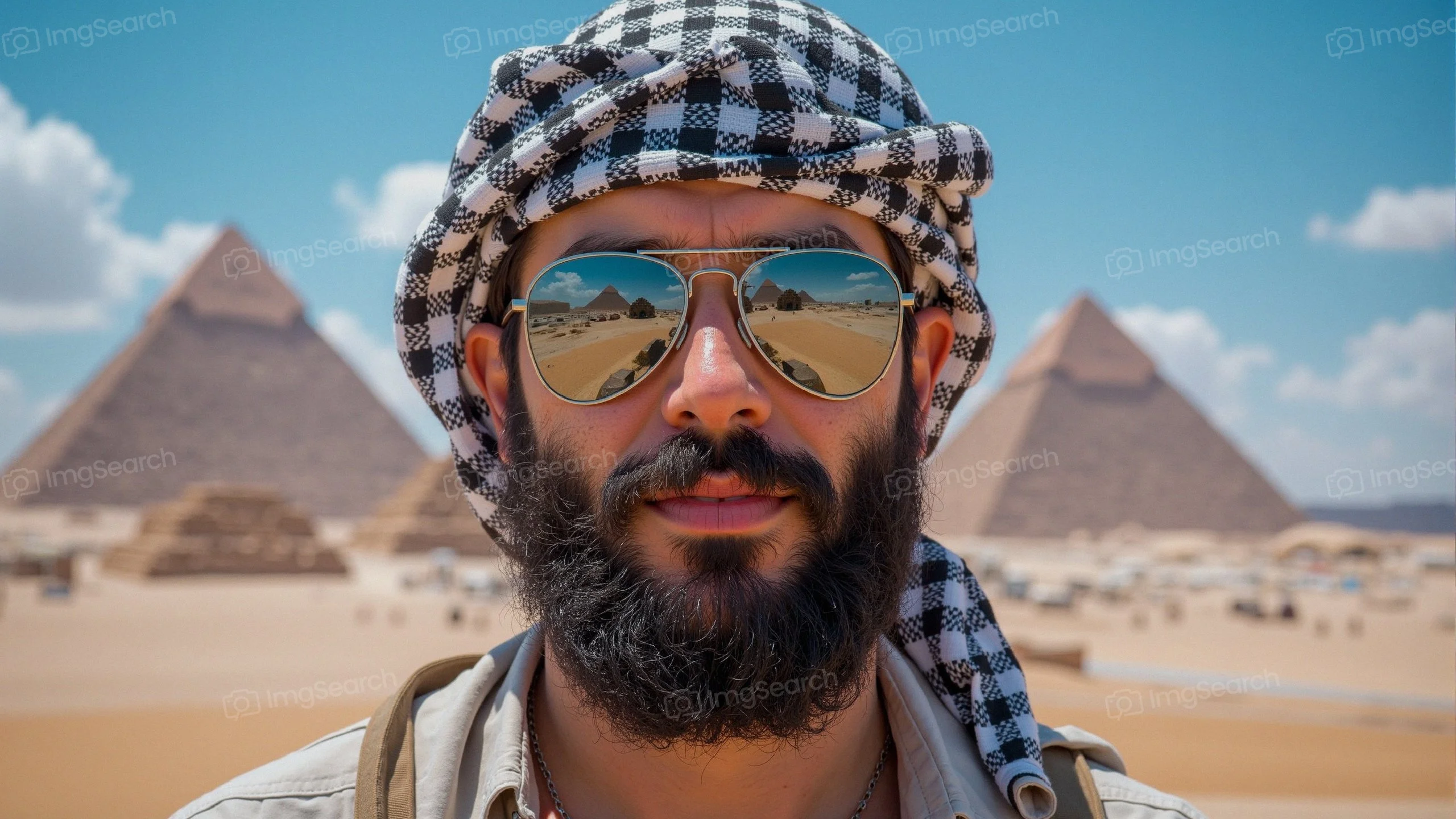 A man wearing sunglasses a checkered headscarf stands in front of the Pyramids of Giza on a sunny day.