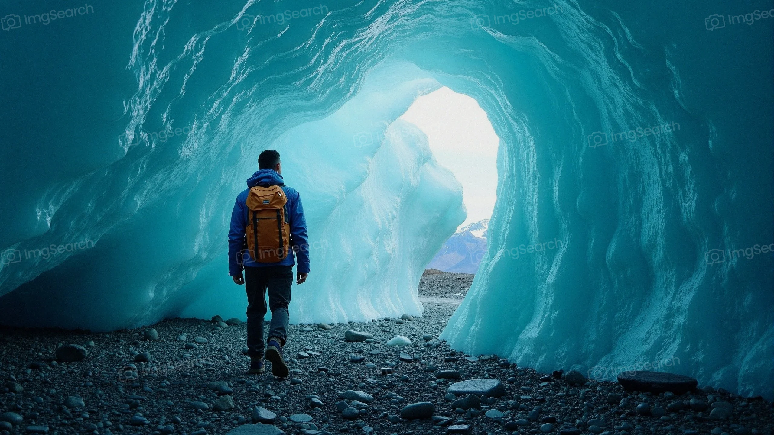 A lone traveler walking through a beautiful blue ice cave with glacial formations.