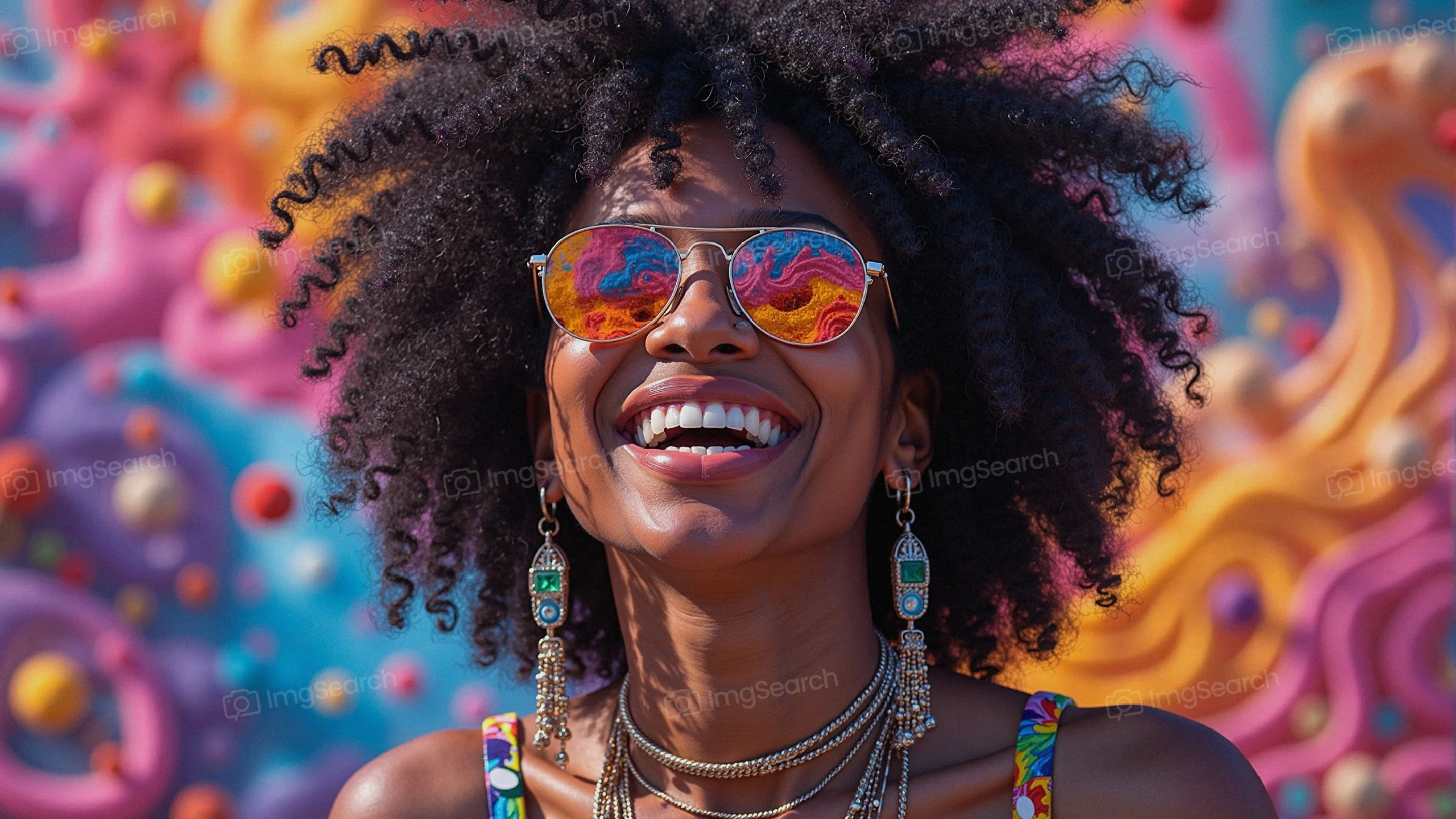 A smiling woman with curly hair wearing sunglasses against a colorful backdrop