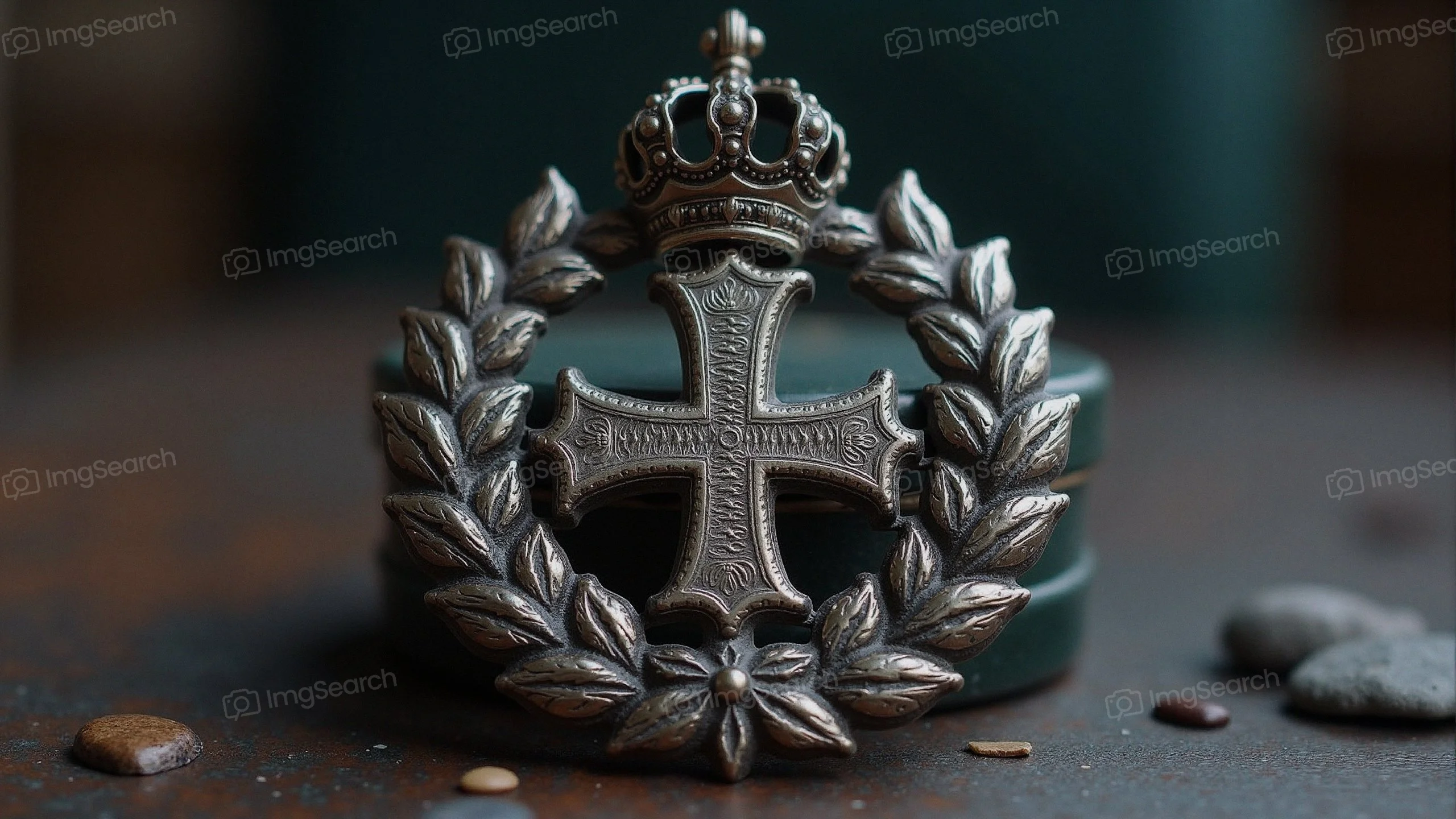 Vintage military medal with a crown laurel wreath on a rustic background