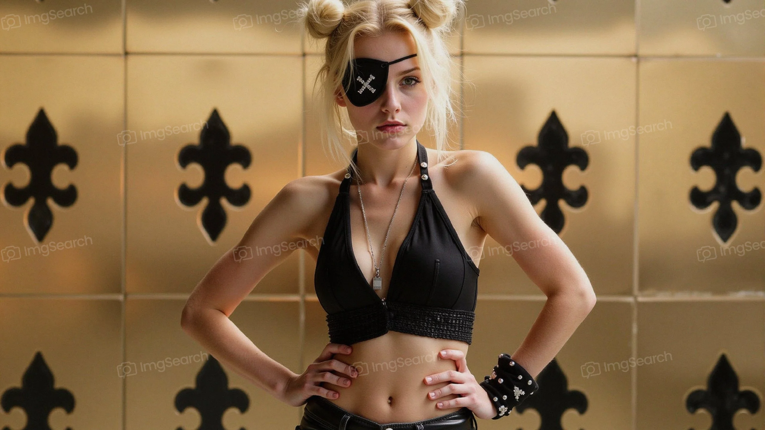 A young woman in a black crop top eye patch poses confidently against a golden backdrop with fleur-de-lis designs.