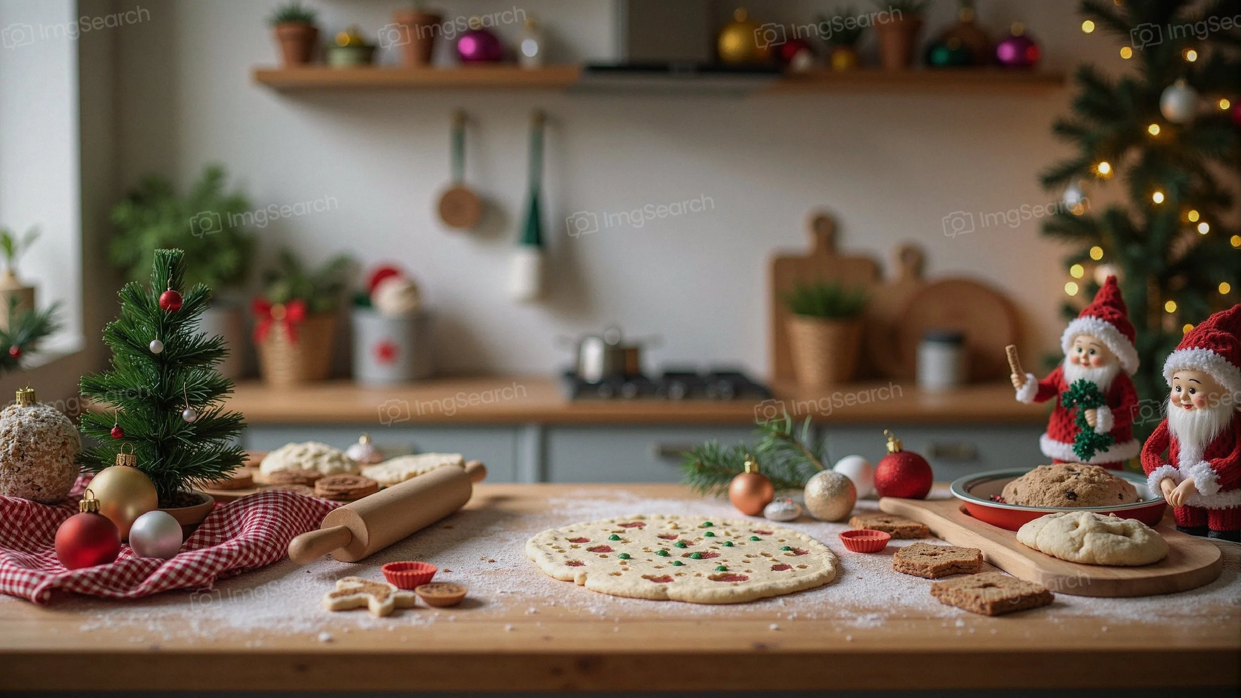A cozy kitchen scene with Christmas decorations baking materials, displaying rolled out dough Santa figurines.