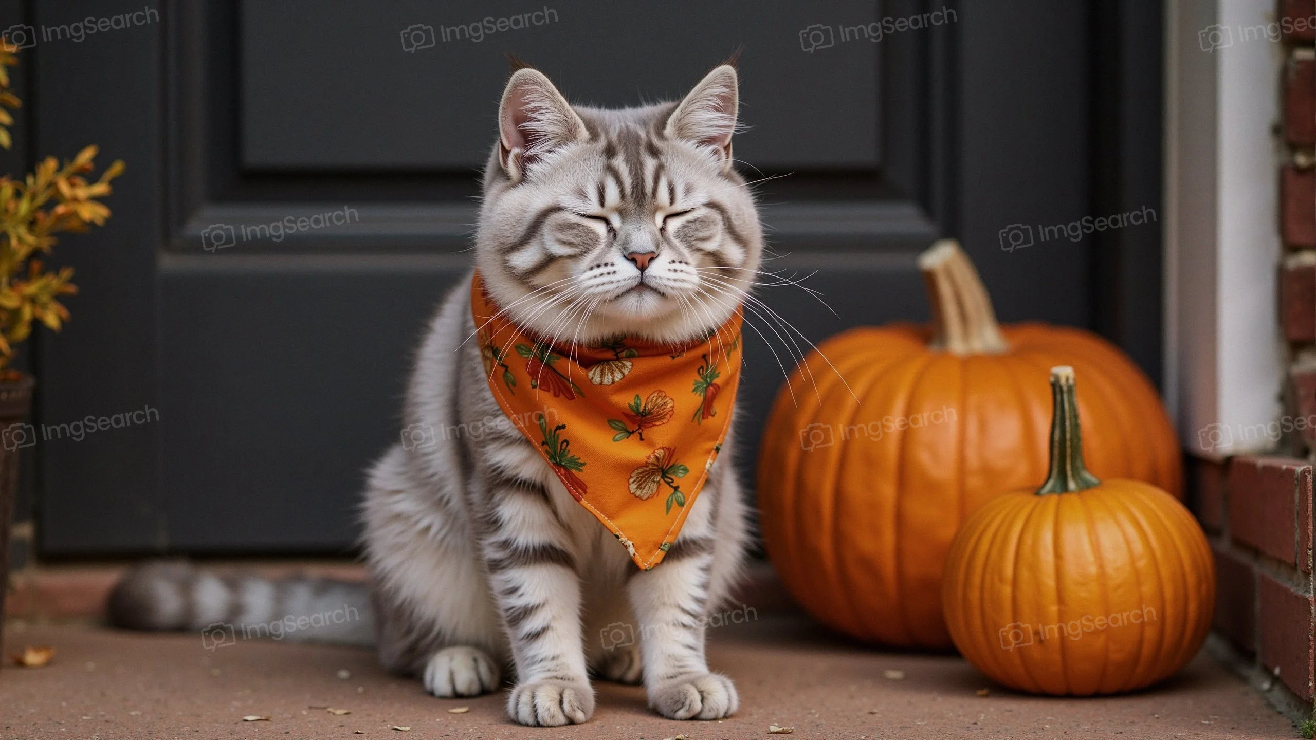 A cat with an orange pumpkin-themed bandana sitting next to pumpkins.