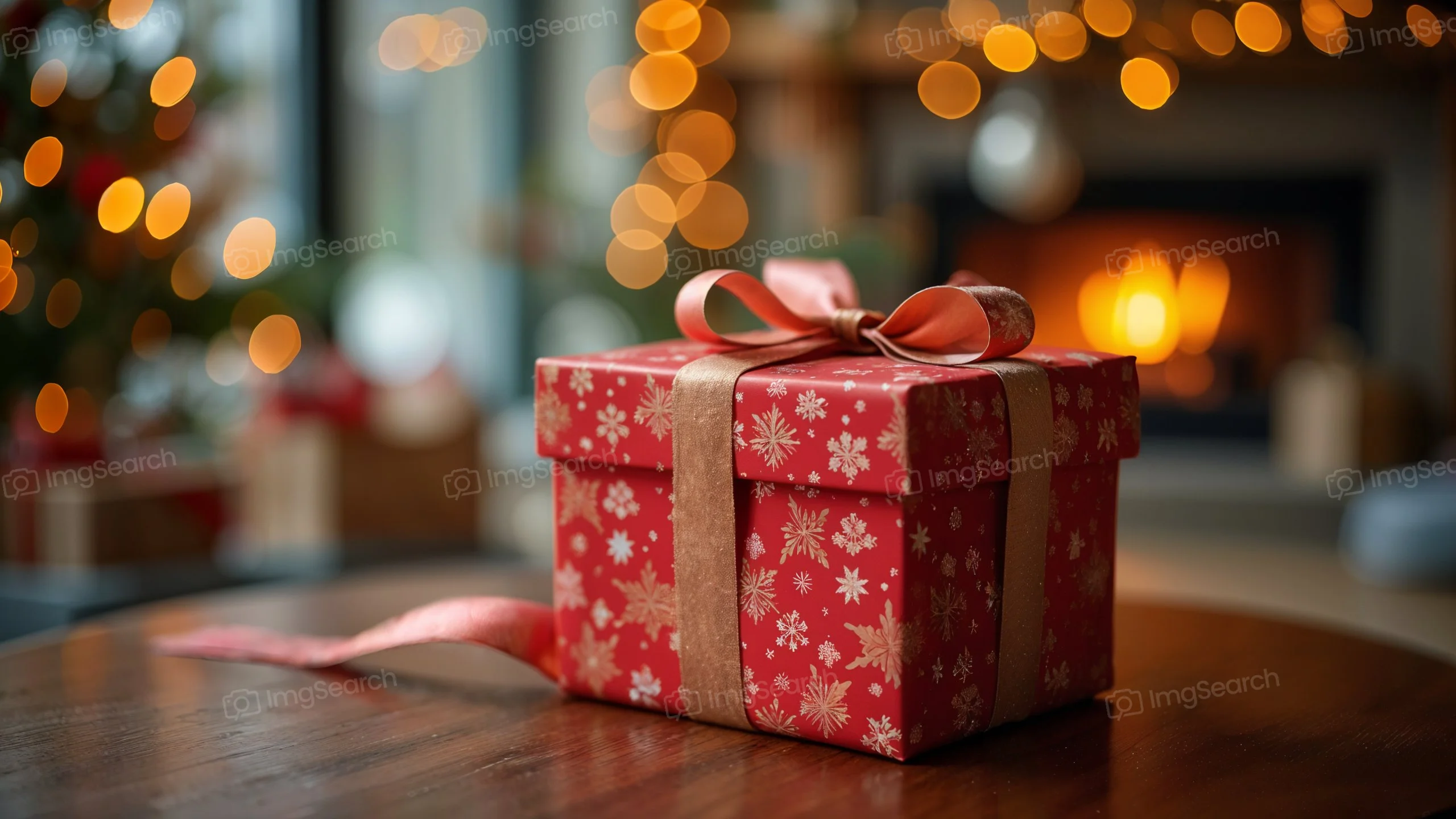 A red Christmas gift box with a ribbon sitting on a wooden table near a fireplace.