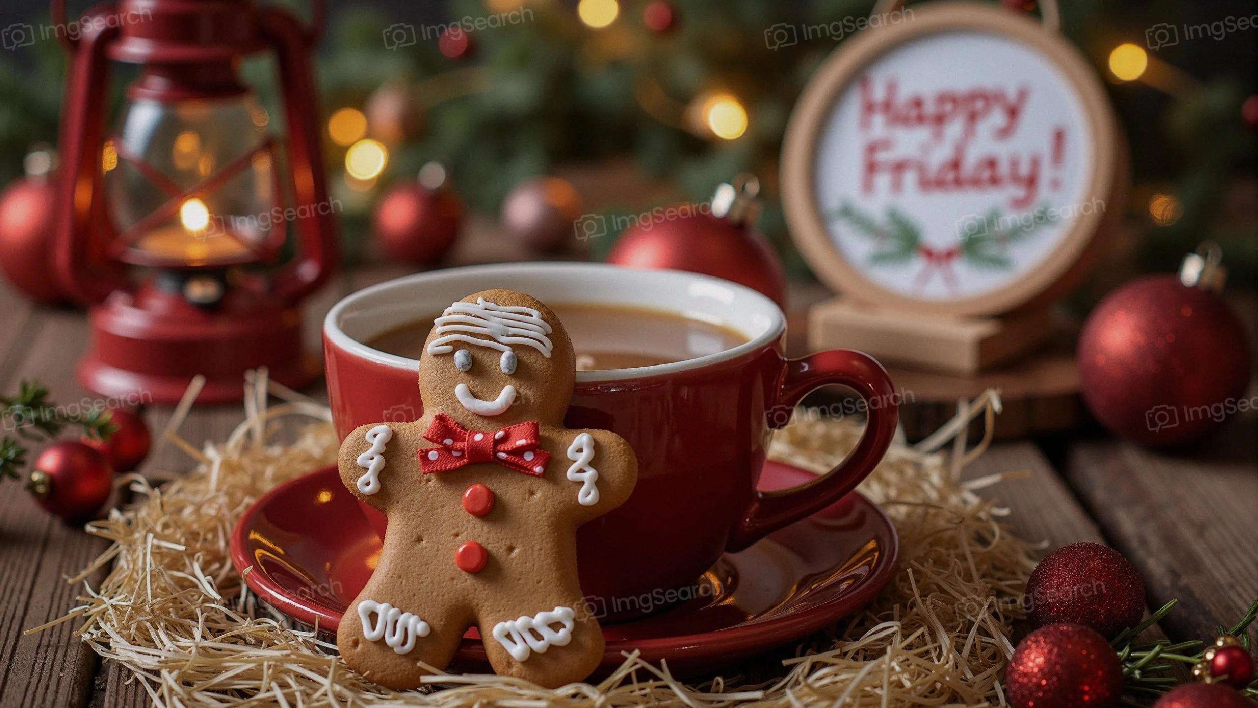 A smiling gingerbread man cookie next to a steaming cup of coffee, with festive decorations in the background.