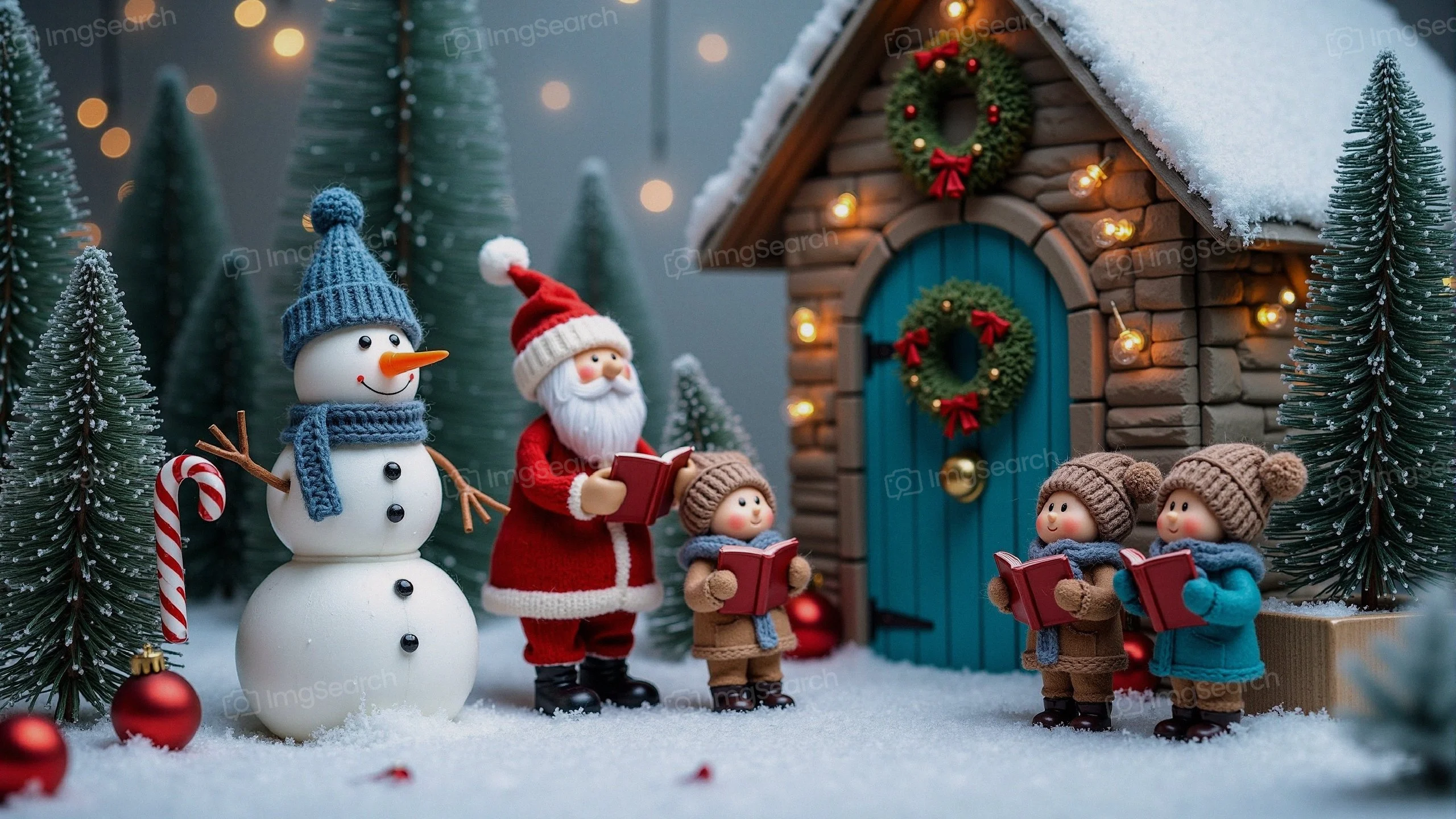 A festive holiday scene featuring Santa Claus, a snowman, children caroling in front of a snow-covered cottage.