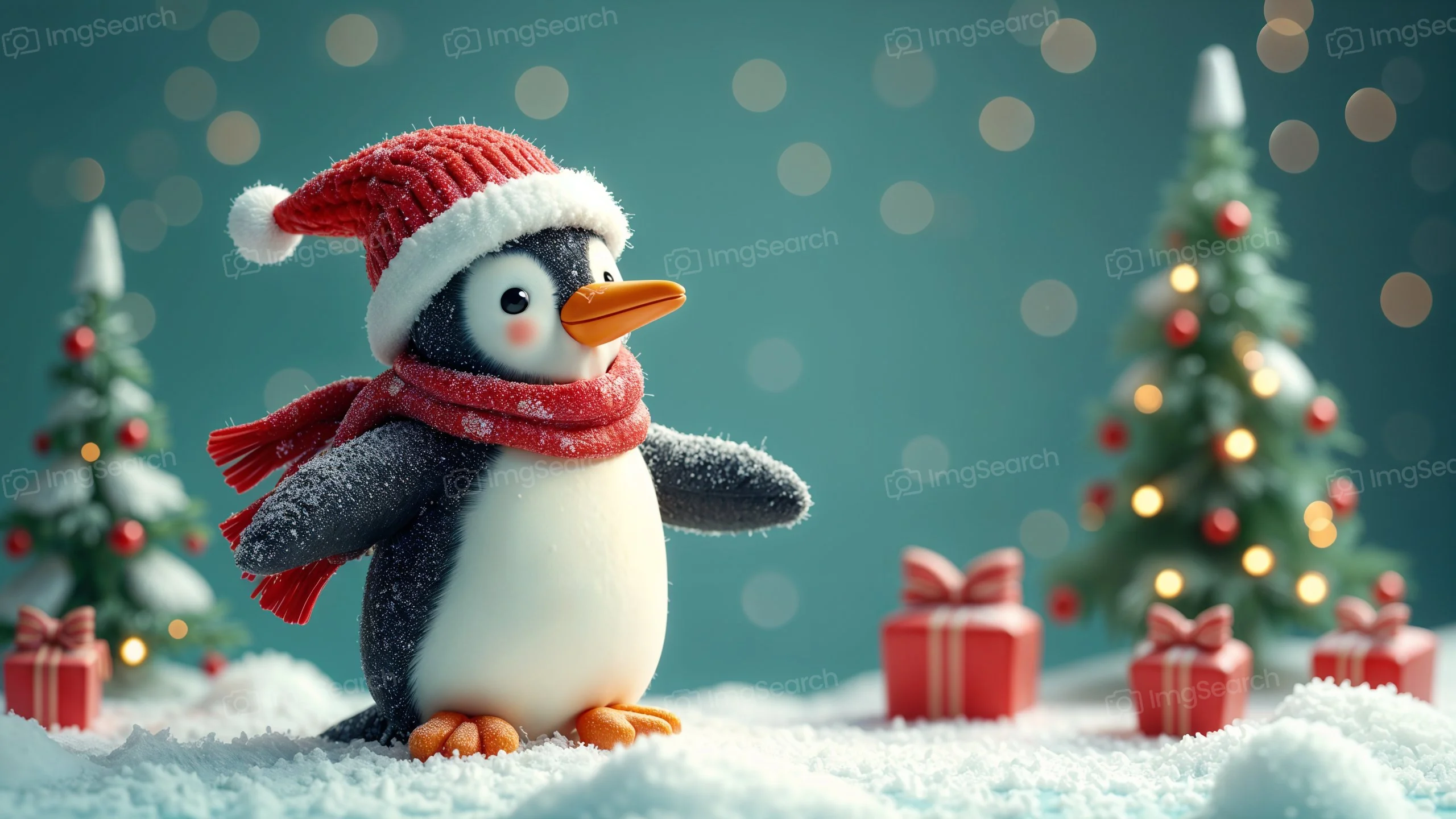 A penguin dressed in a red hat and scarf next to Christmas trees and wrapped gifts in a snowy scene.