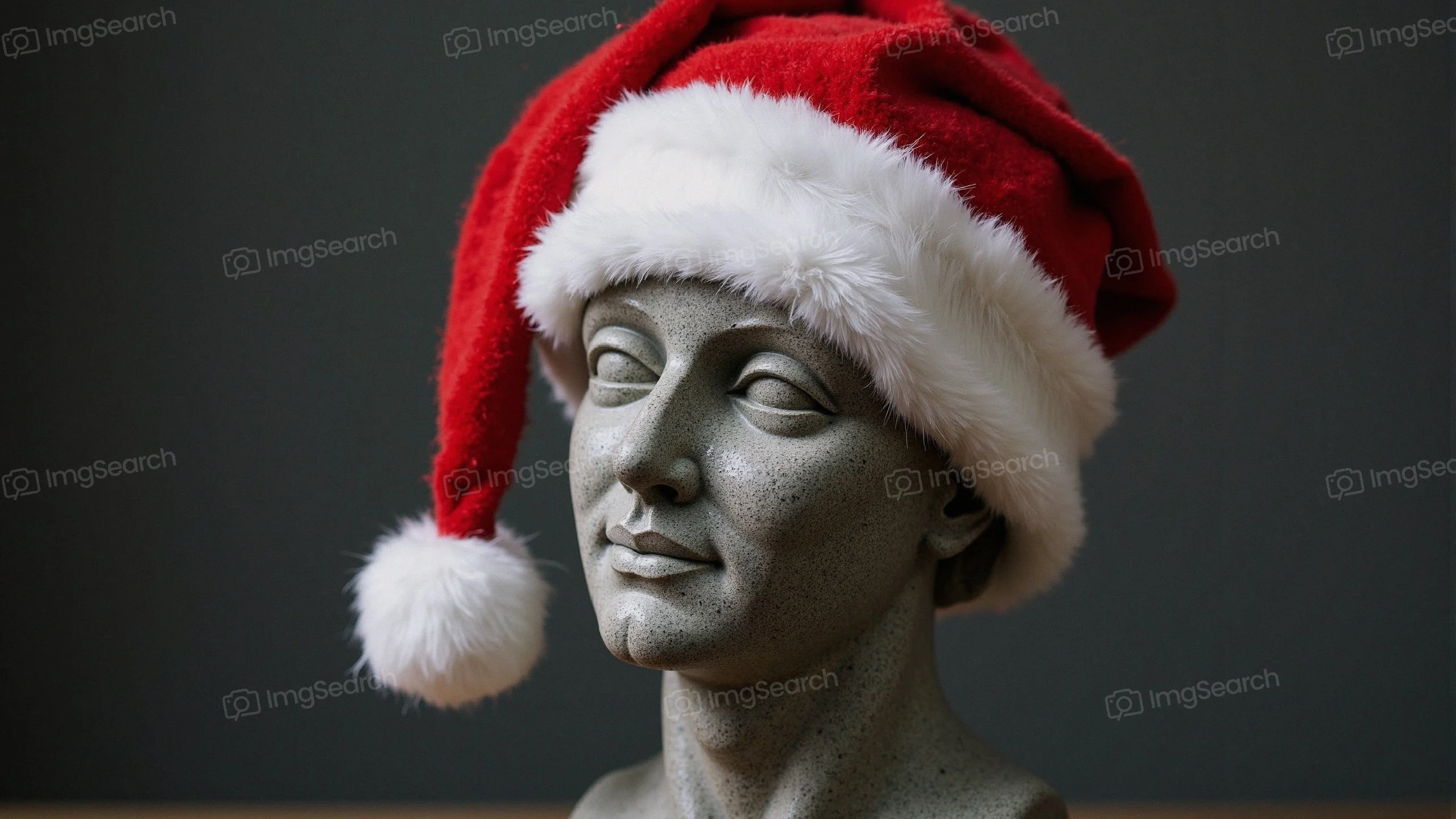 A sculpture wearing a red Santa hat with white trim.