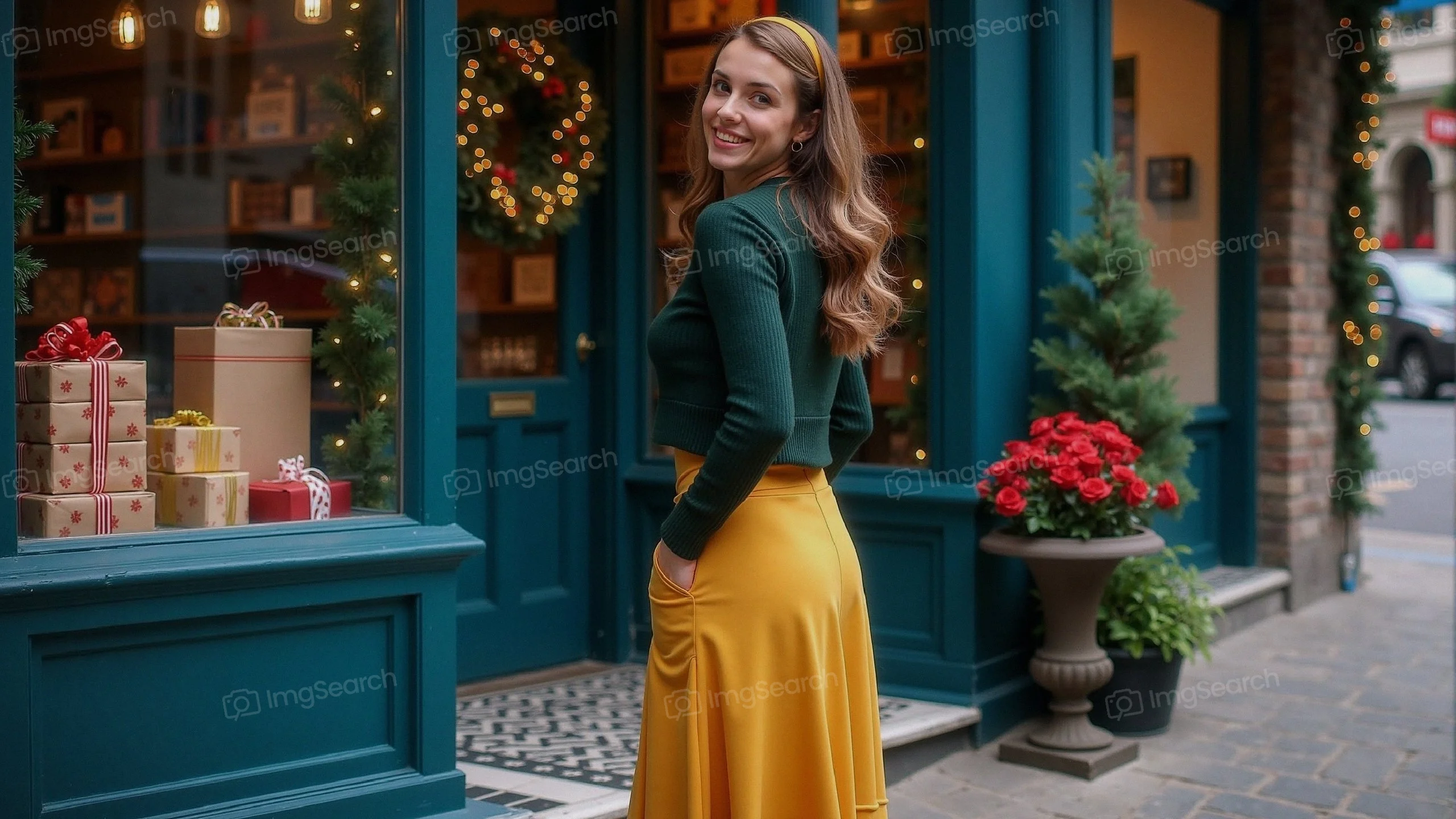 A young woman in a green sweater yellow skirt smiling outside a decorated boutique with holiday decorations.