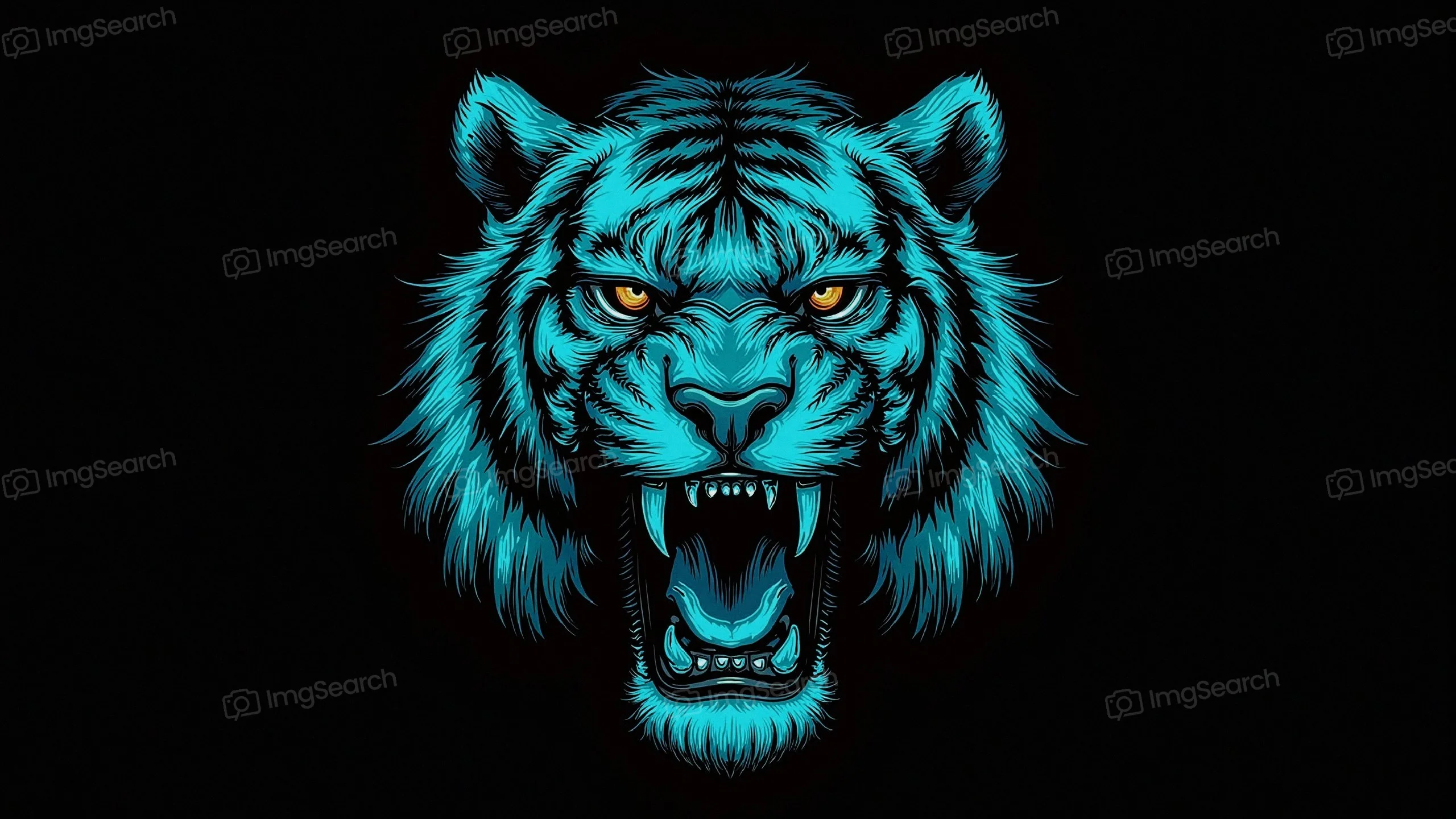A neon illustration of a tiger's head with glowing eyes, set against a black background.