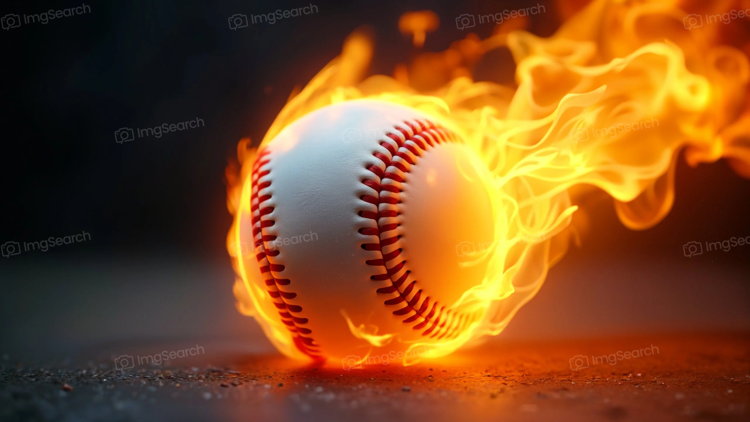 A baseball surrounded by flames, depicting high energy and action.