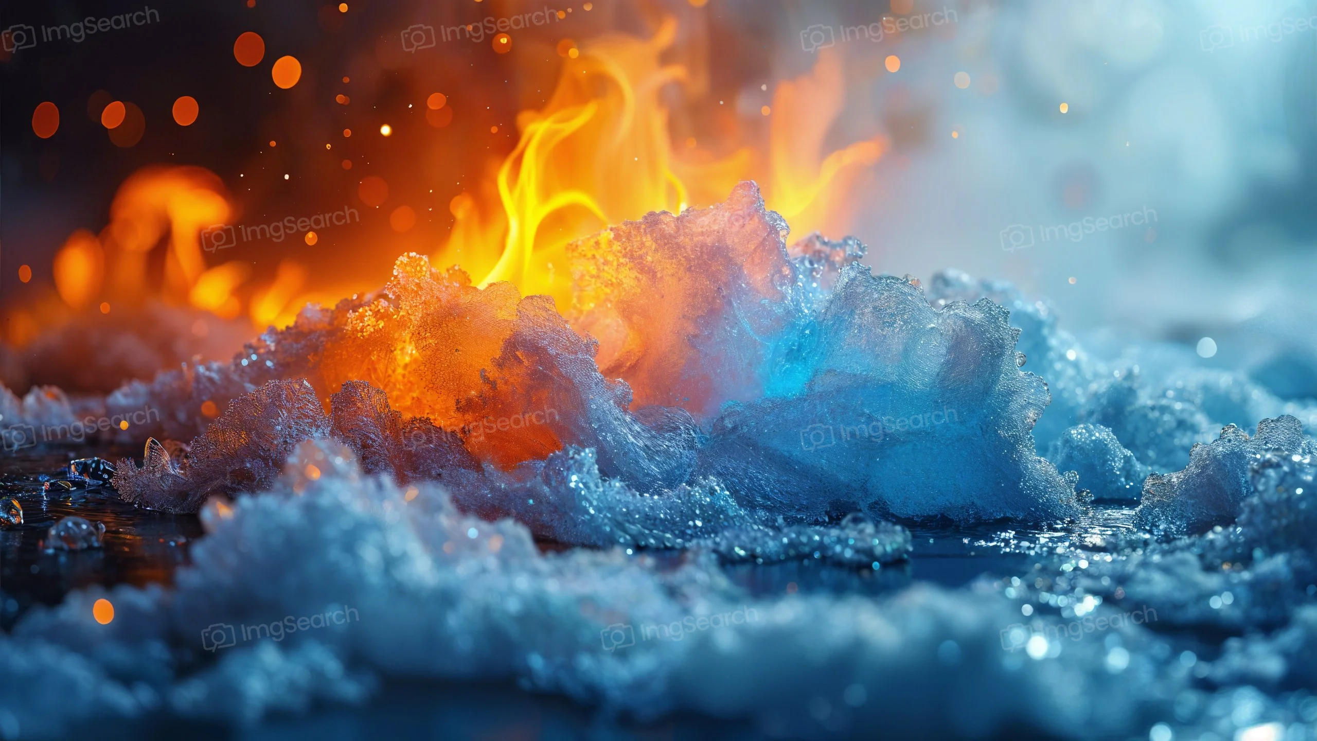 A vivid display of flames rising among colorful bubbles in a dynamic scene.