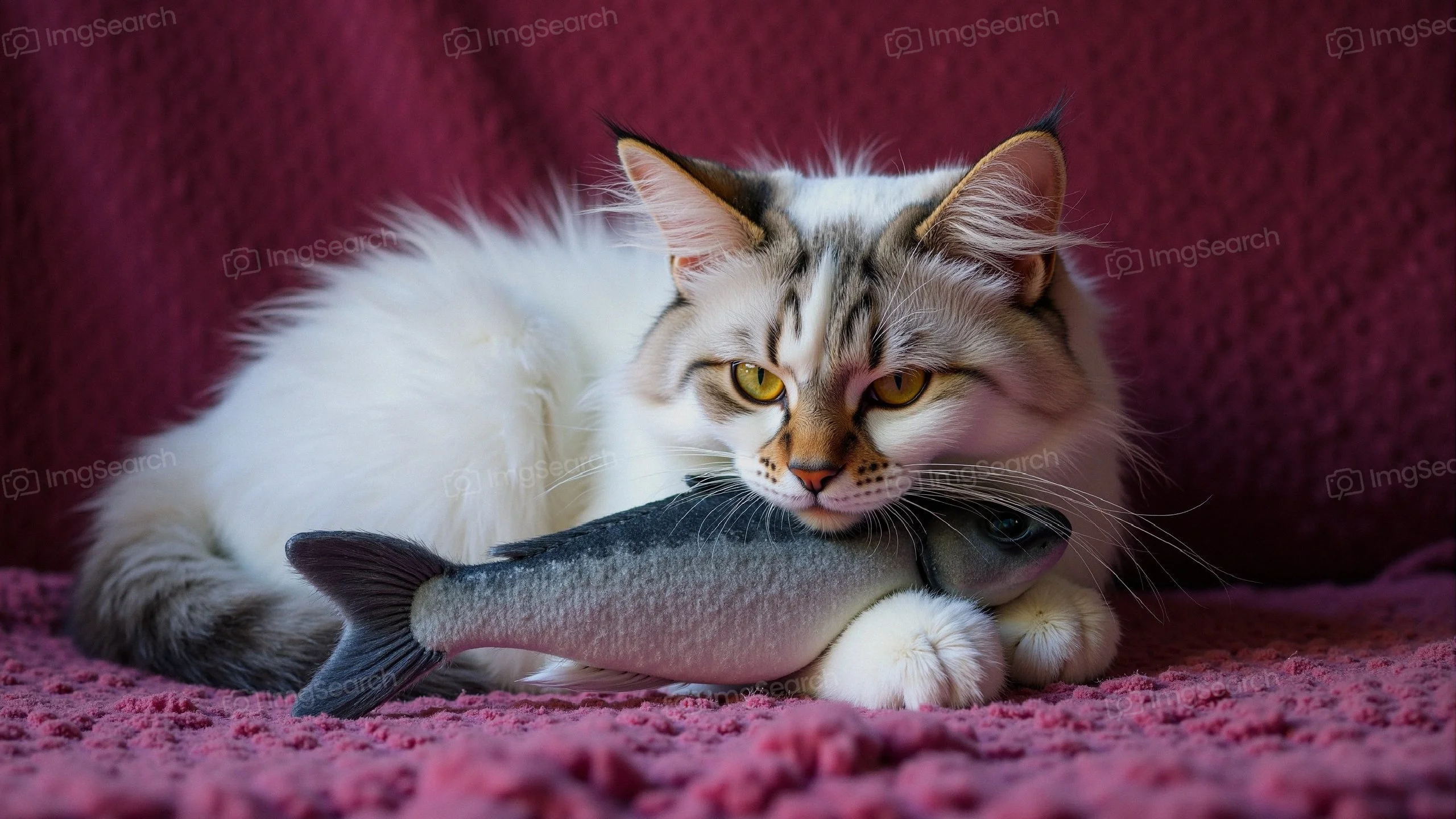 A fluffy white cat with yellow eyes holding a toy fish on a pink background
