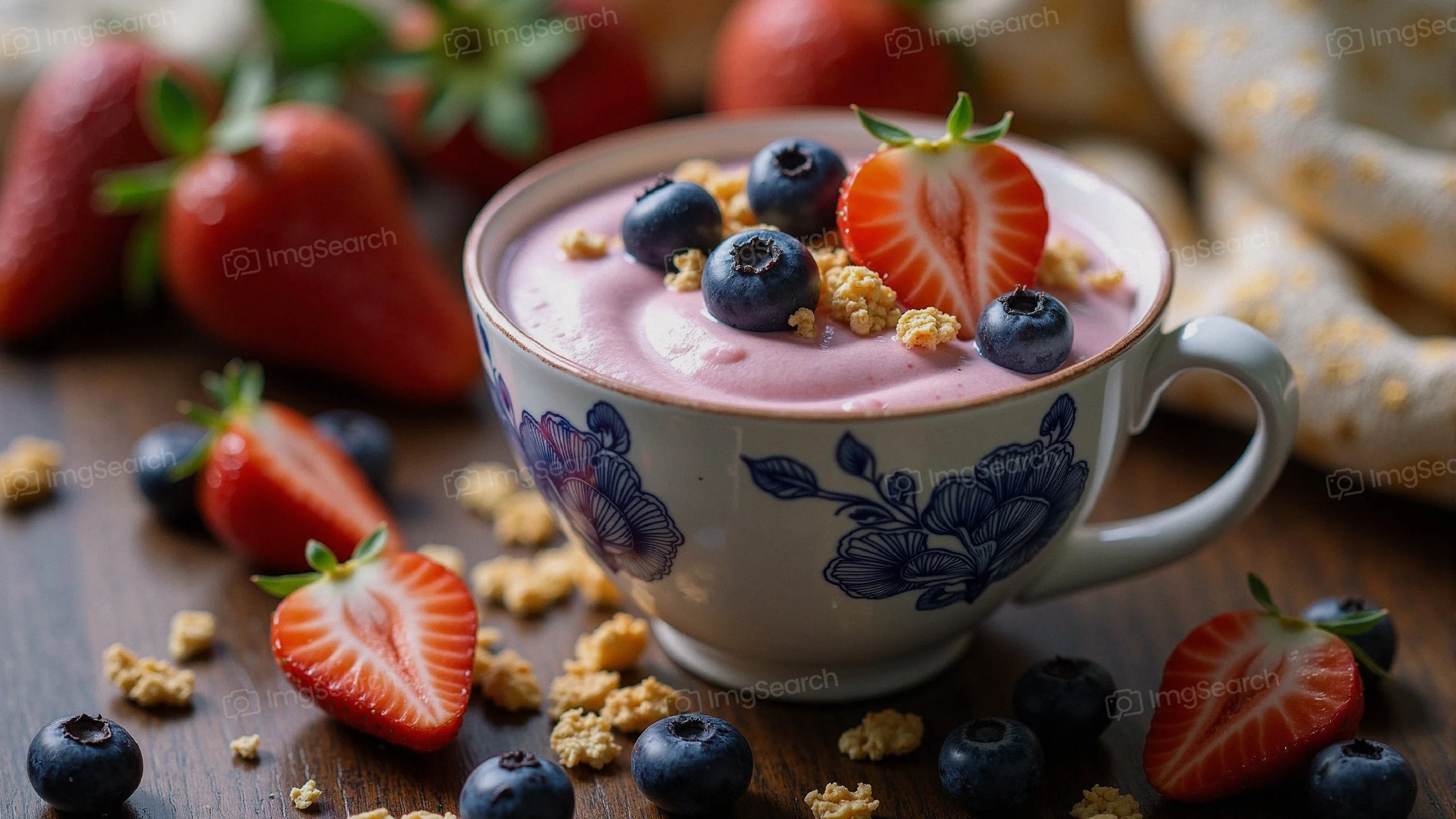 A cup of creamy yogurt topped with blueberries strawberries, surrounded by granola fresh berries.