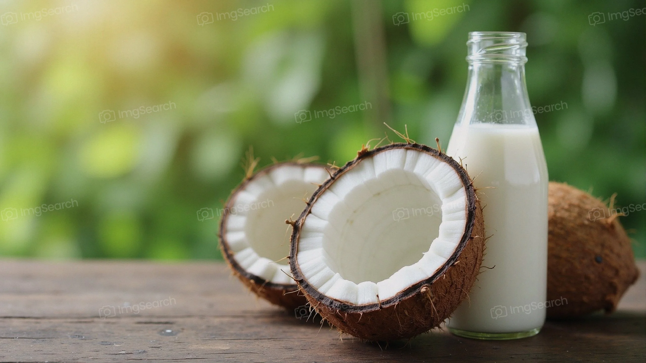Bottle of coconut milk beside halved coconuts on a wooden table
