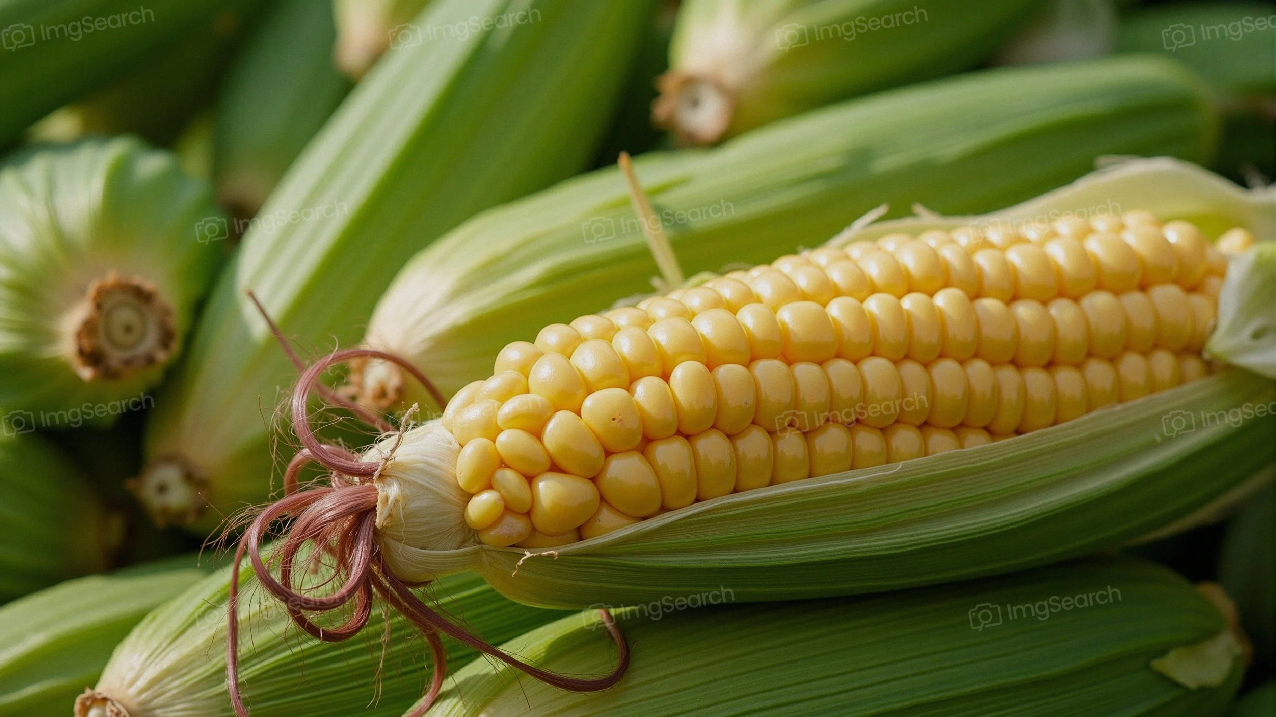 Close-up of ripe corn on the cob with green husks