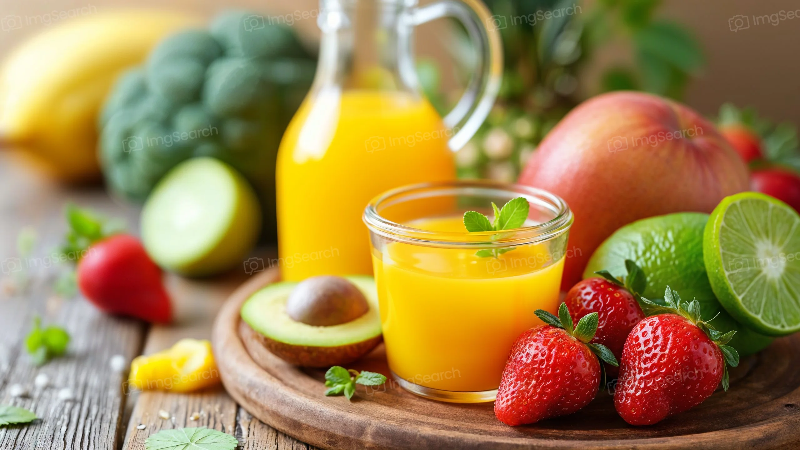A glass of orange juice surrounded by fresh fruits on a wooden table
