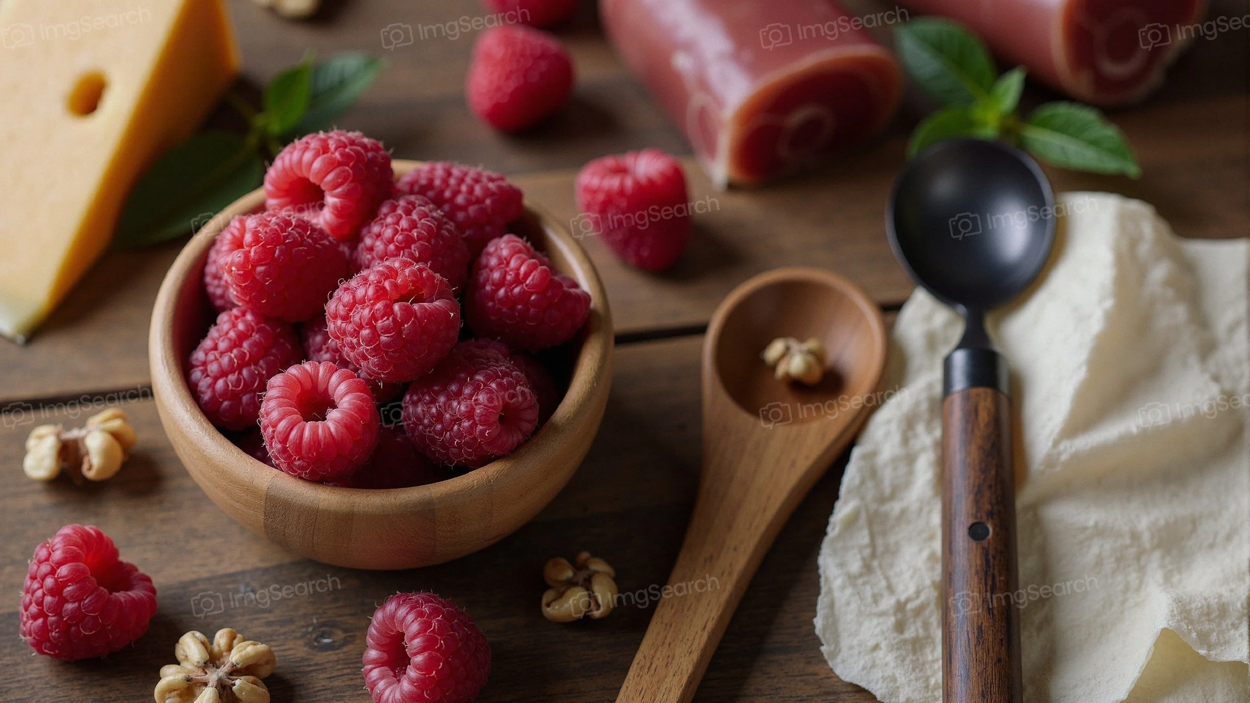 A wooden bowl filled with fresh raspberries next to cheese slices walnuts on a wooden table.