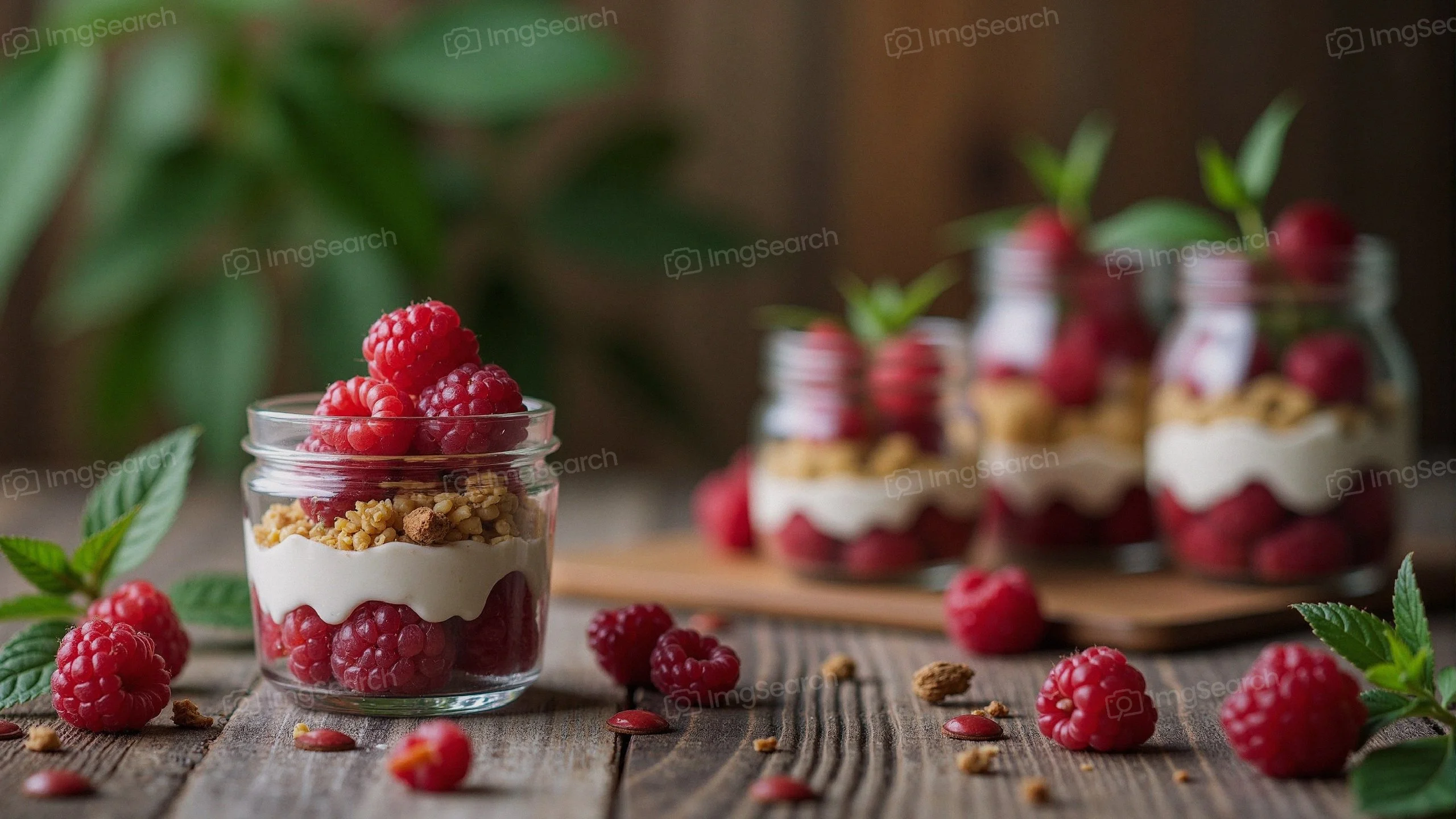 A raspberry parfait in glass jars showing layers of yogurt, granola, raspberries.