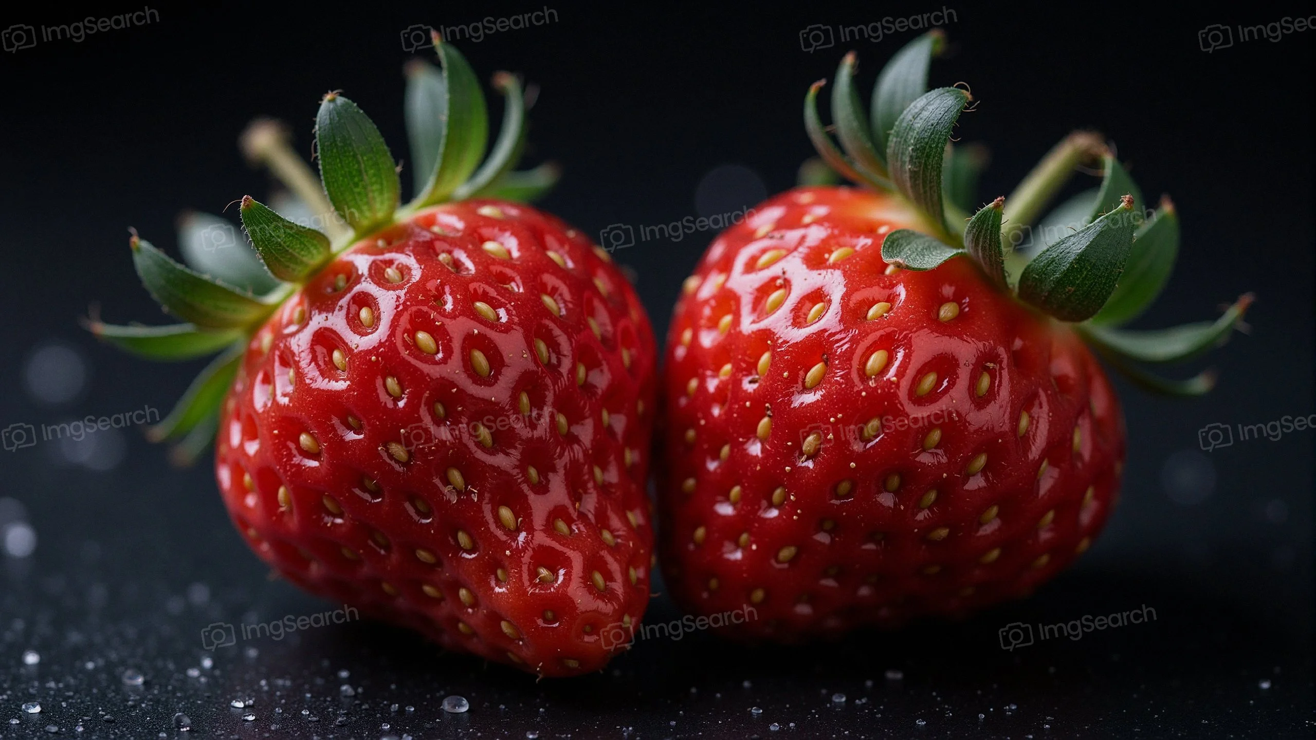 Close-up view of two fresh, ripe strawberries with green leaves on a dark background.