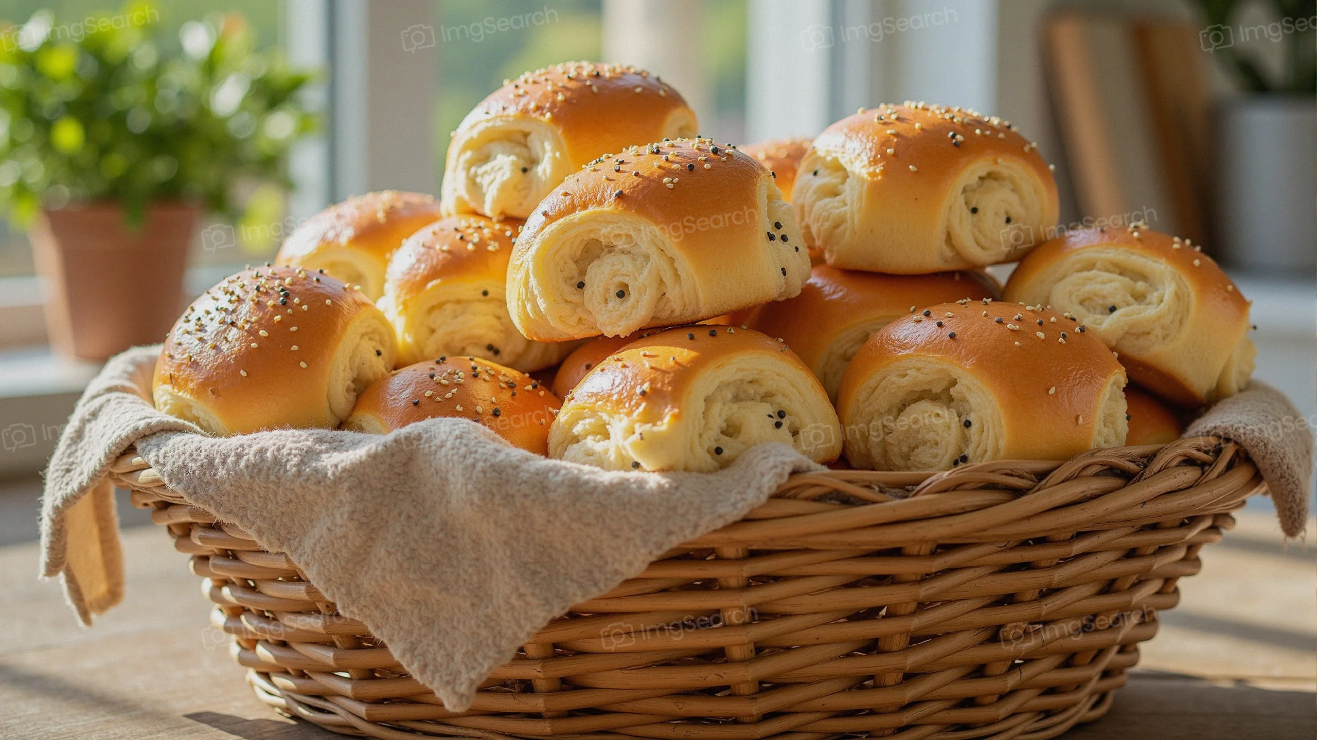 A rustic wicker basket filled with golden brown pastry rolls topped with sesame seeds.