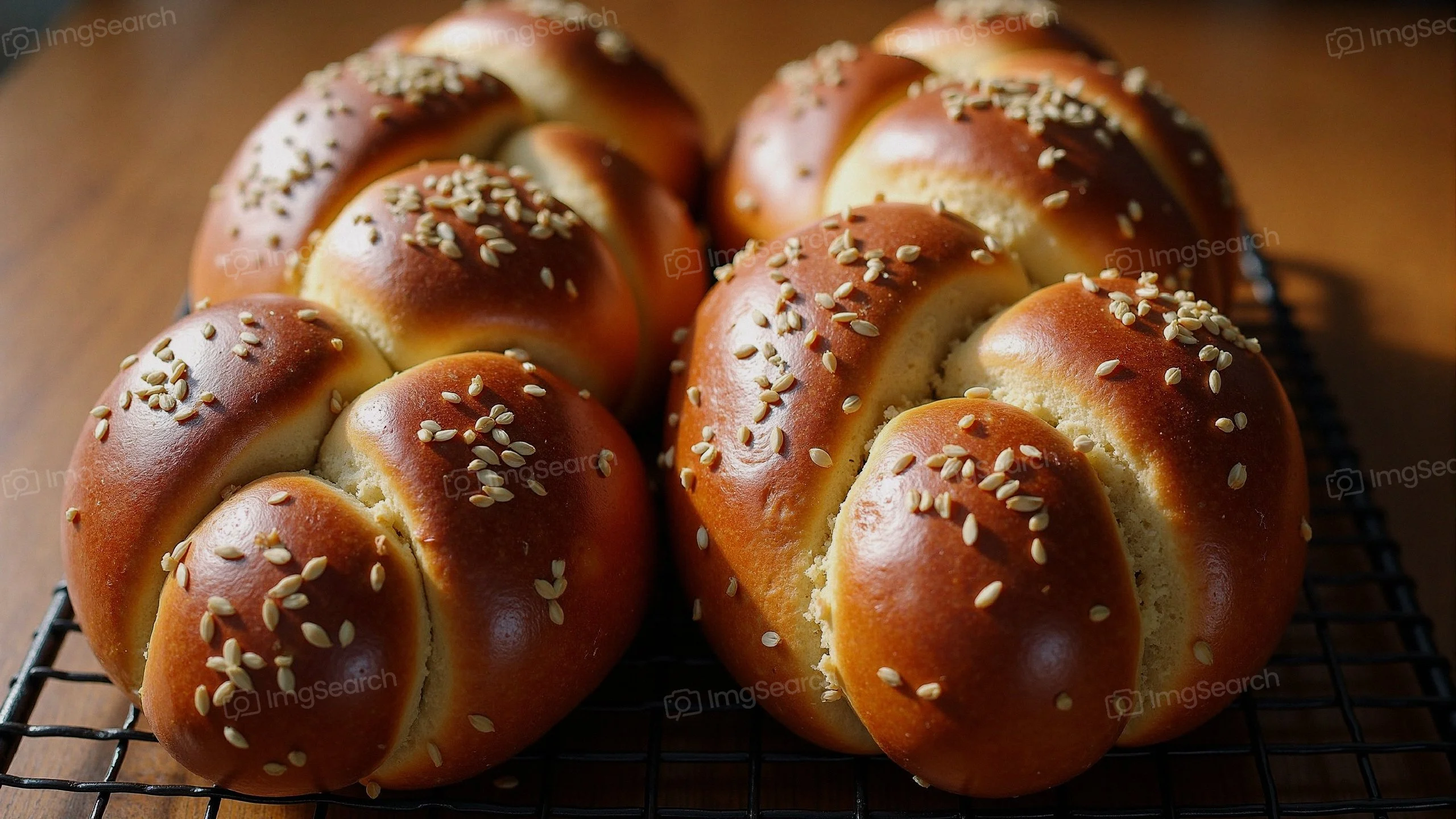 Golden brown sesame rolls on a wire rack