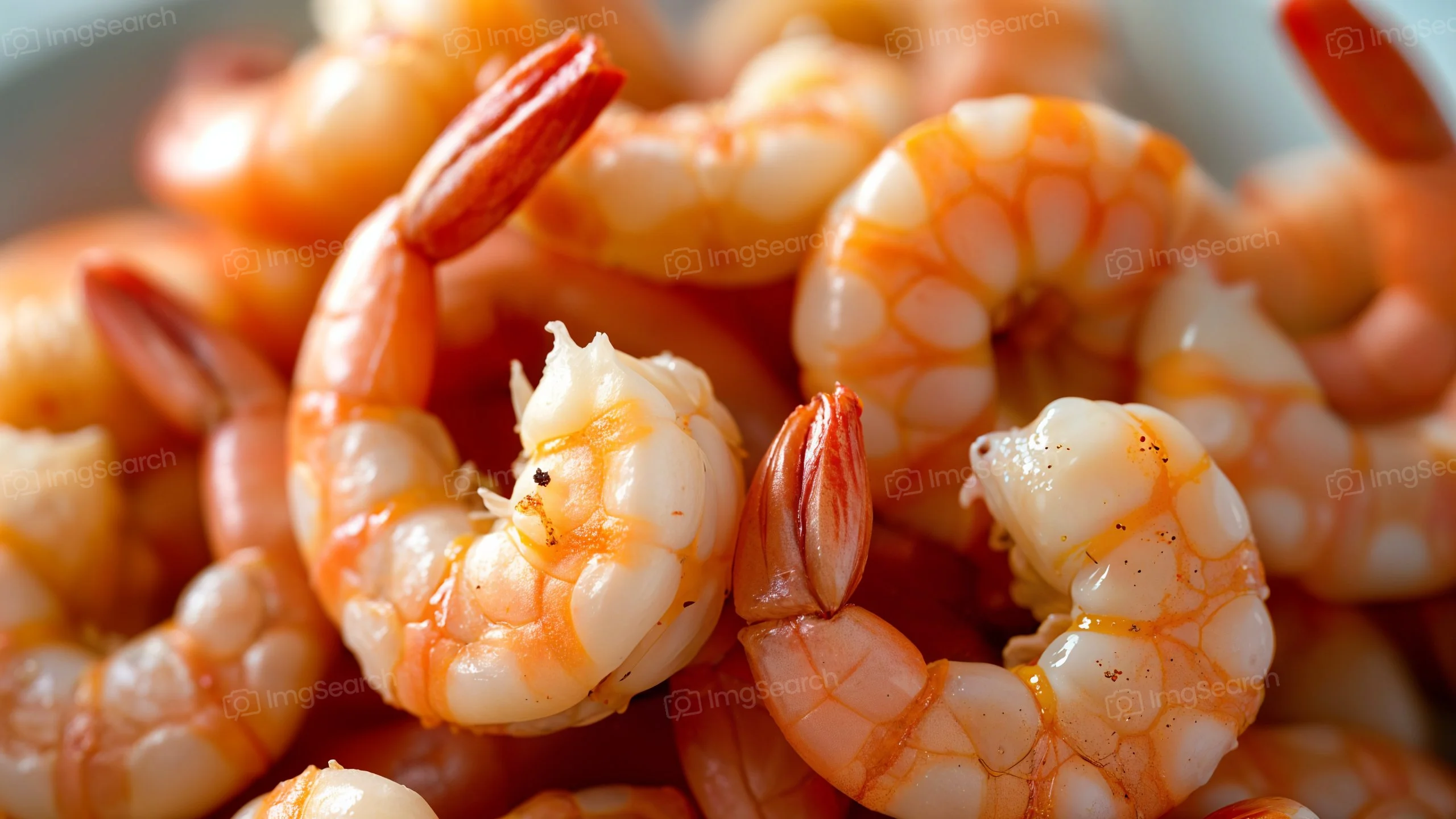 Close-up of cooked shrimp with a vivid pink and white color