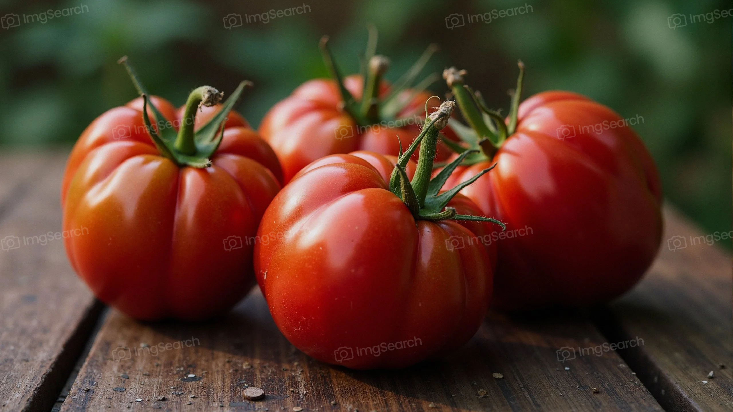 Four ripe tomatoes on a wooden table with a blurred green background