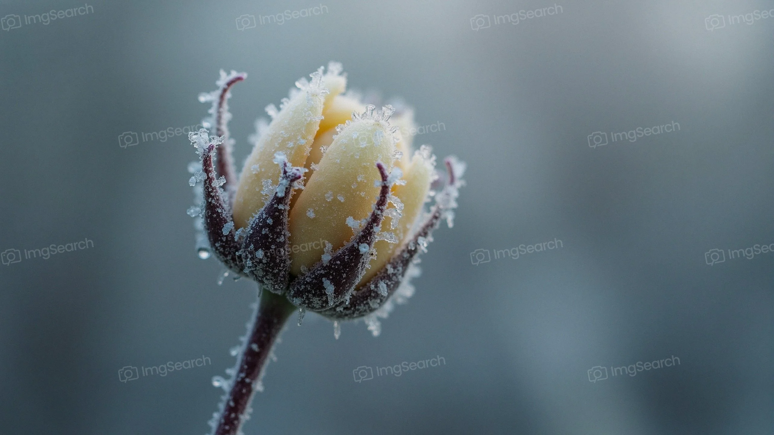 Close-up of a frosted flower bud with ice crystals