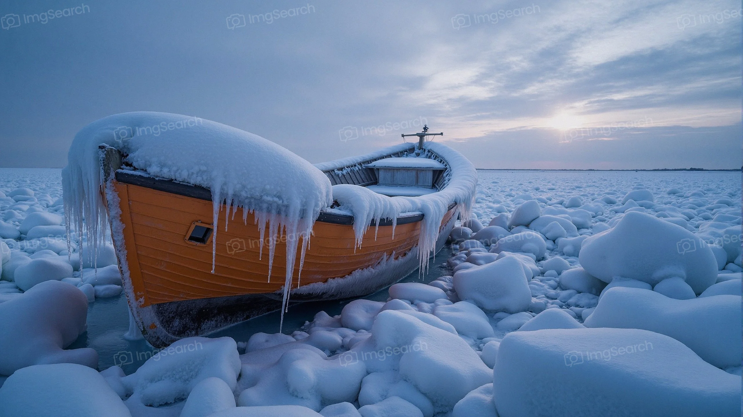A orange fishing boat covered in ice snow in a winter landscape