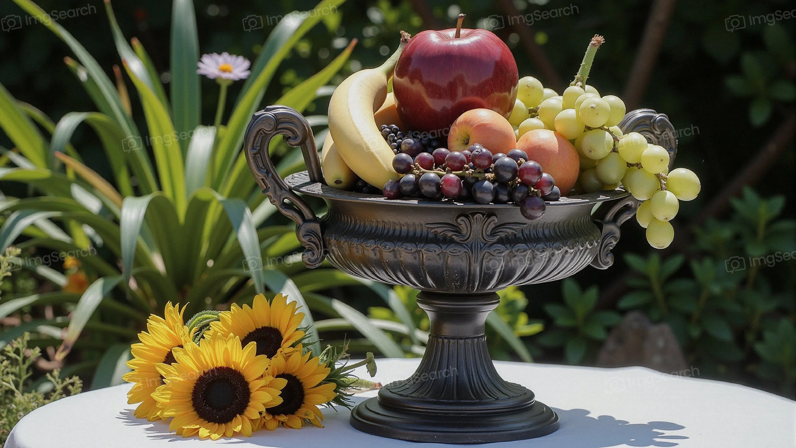 A decorative bowl filled with an assortment of colorful fruits sunflowers in the background.