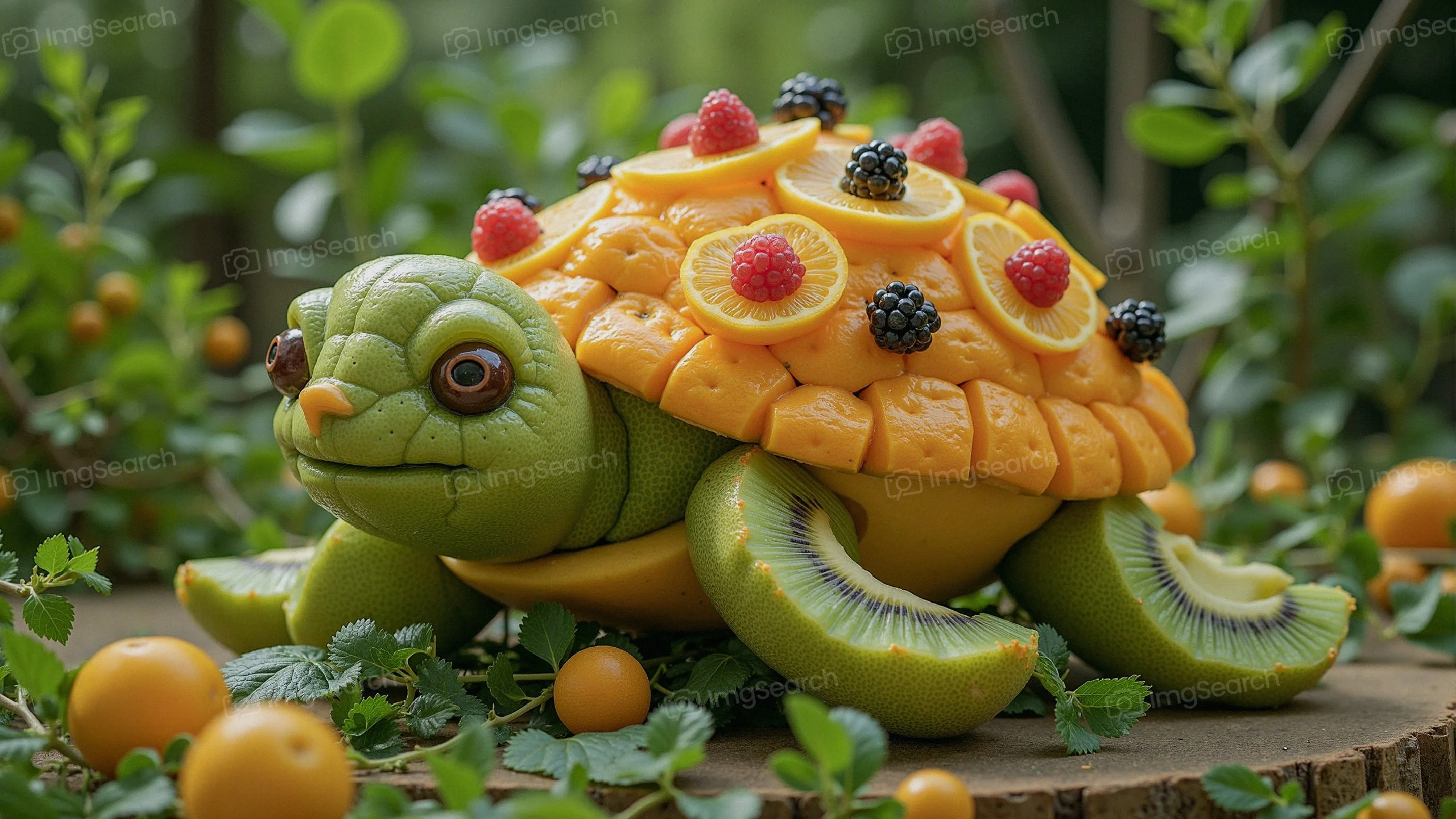 A turtle crafted from various fruits, including oranges, kiwis, berries, surrounded by greenery.