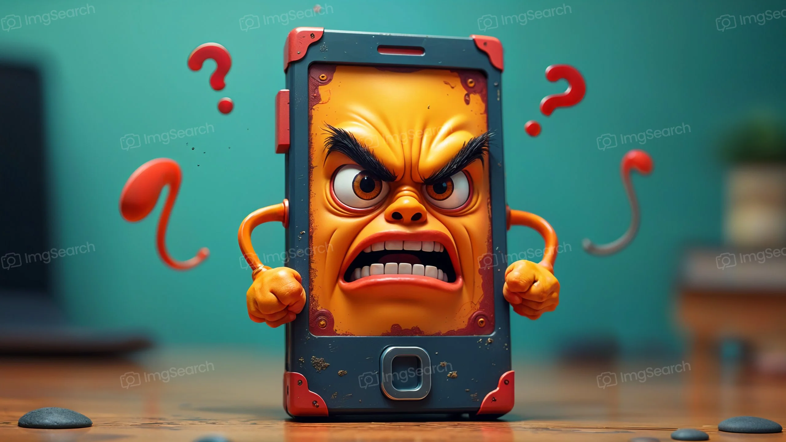 An animated smartphone with an angry face and raised fists