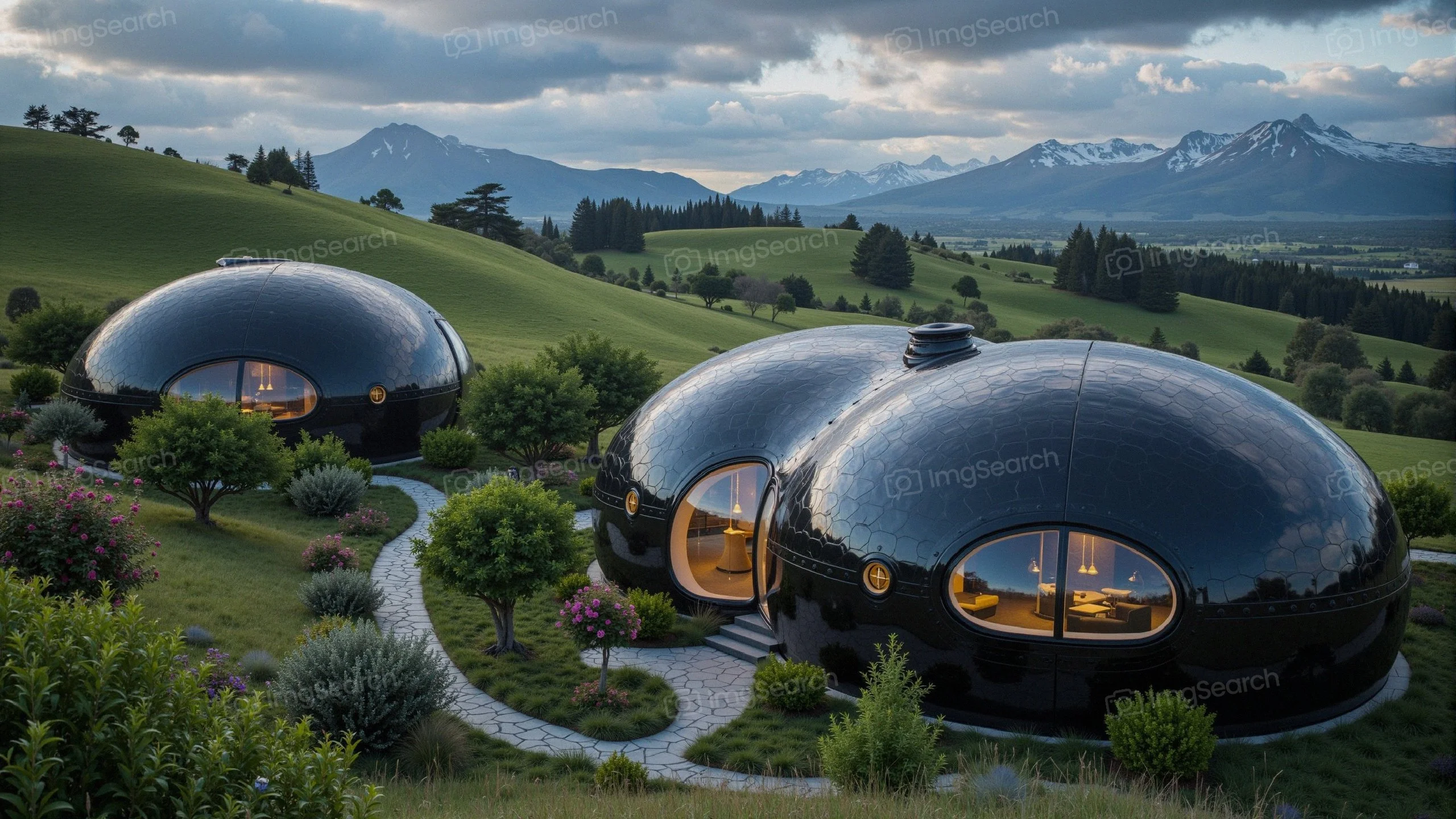 Two futuristic black dome-shaped homes nestled among green hills with mountains in the background