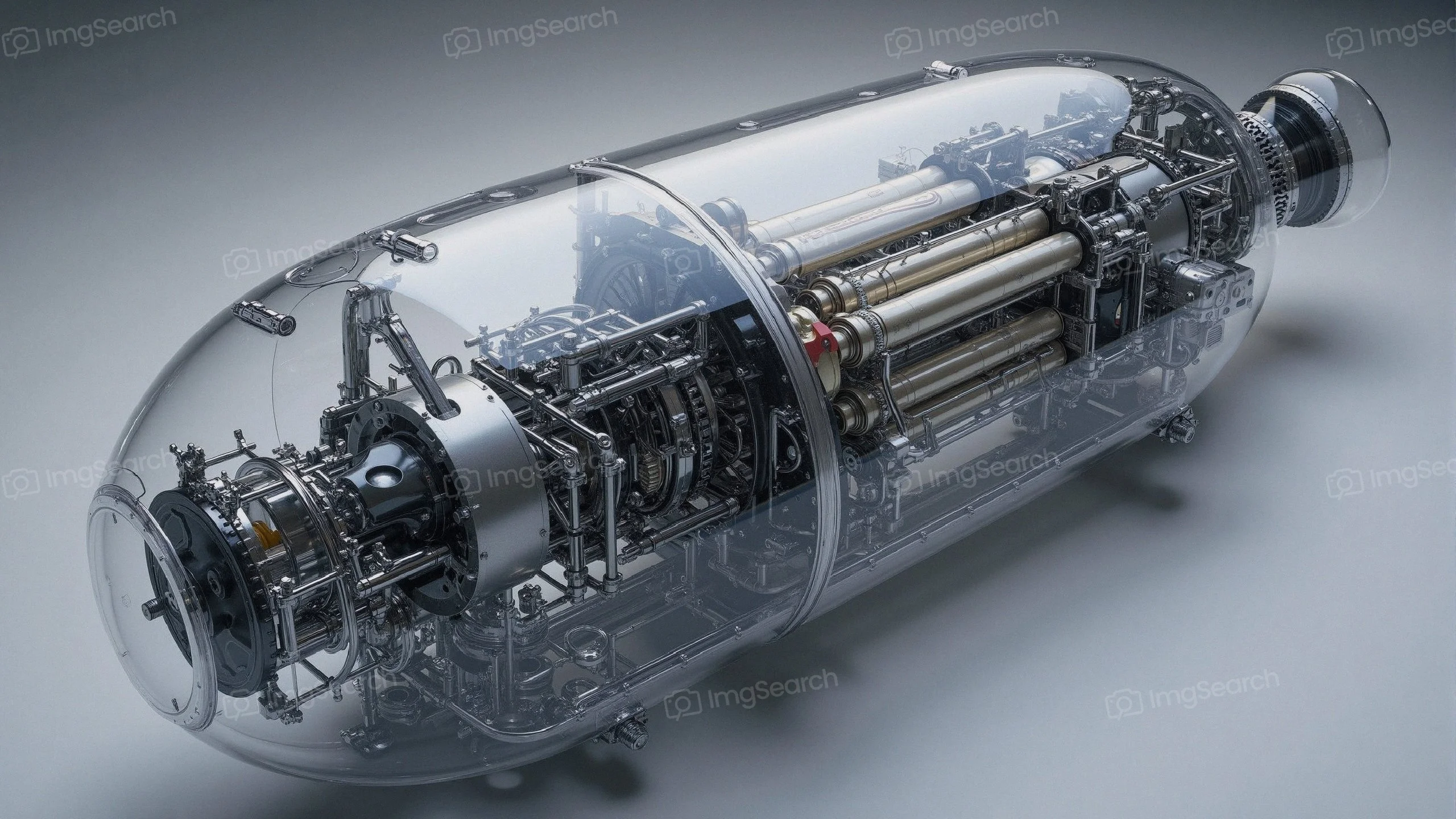 A transparent futuristic engine with visible internal mechanisms.