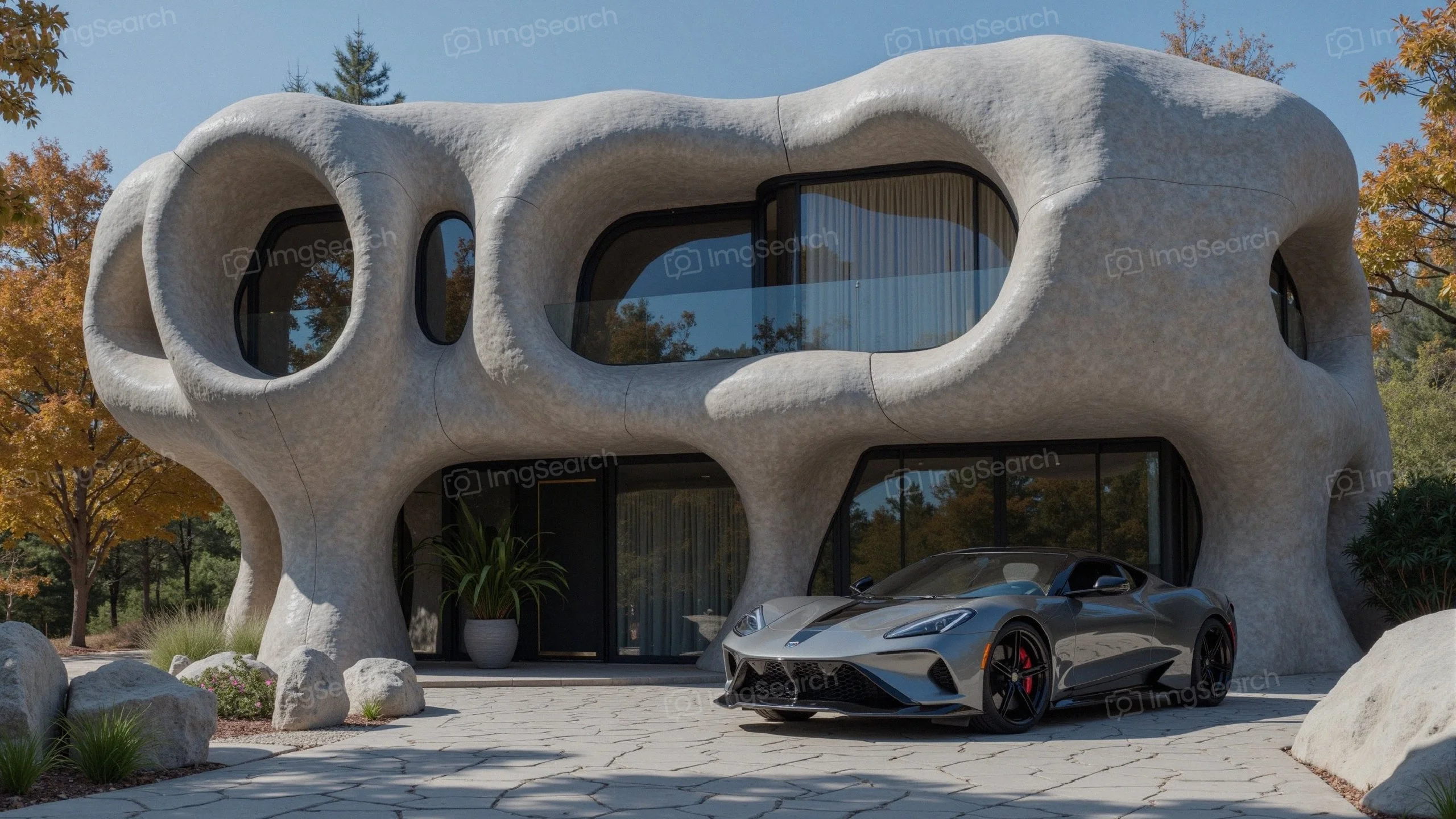 Futuristic building with organic design a sleek sports car parked outside